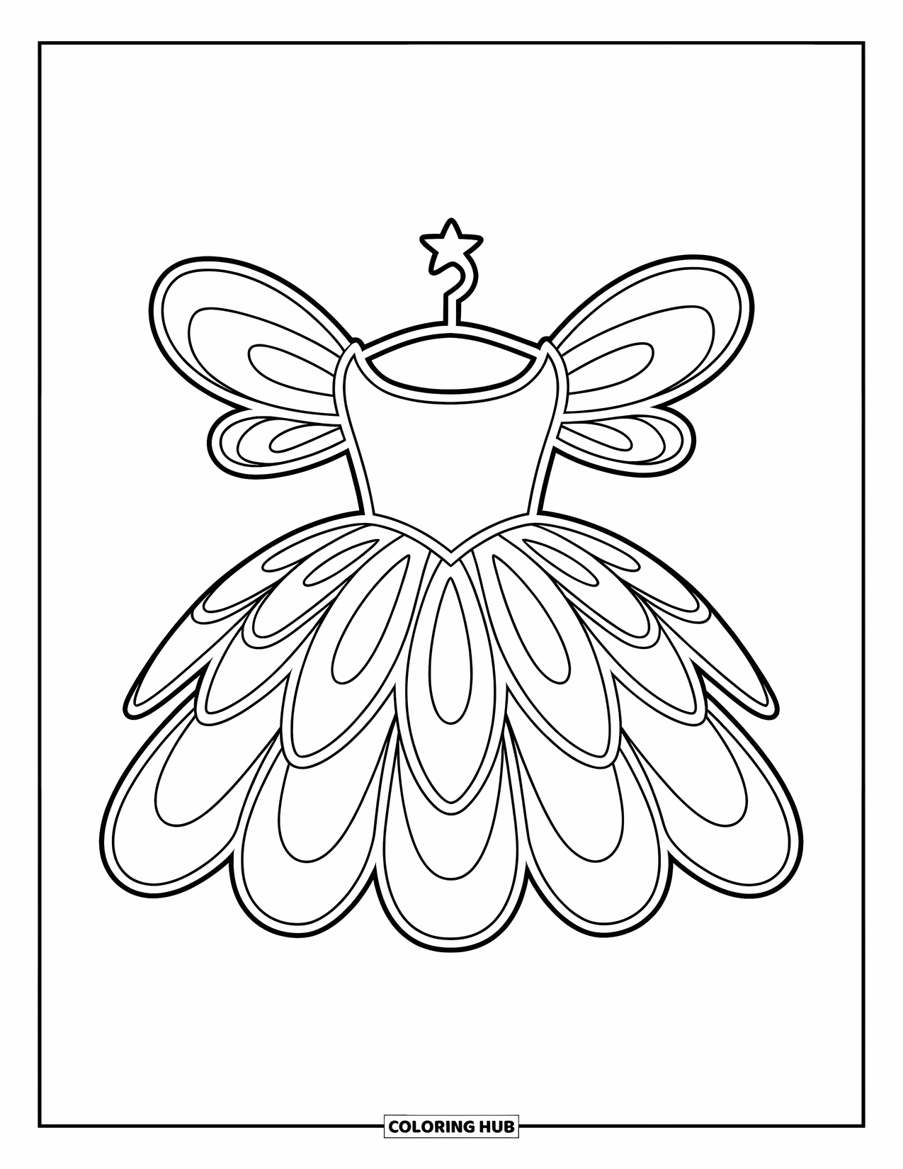 Kolorowanka z sukienką dla dzieci: Sukienka wróżki z warstwowymi płatkami i małą gwiazdką na wieszaku, idealna dla miłośników wróżek