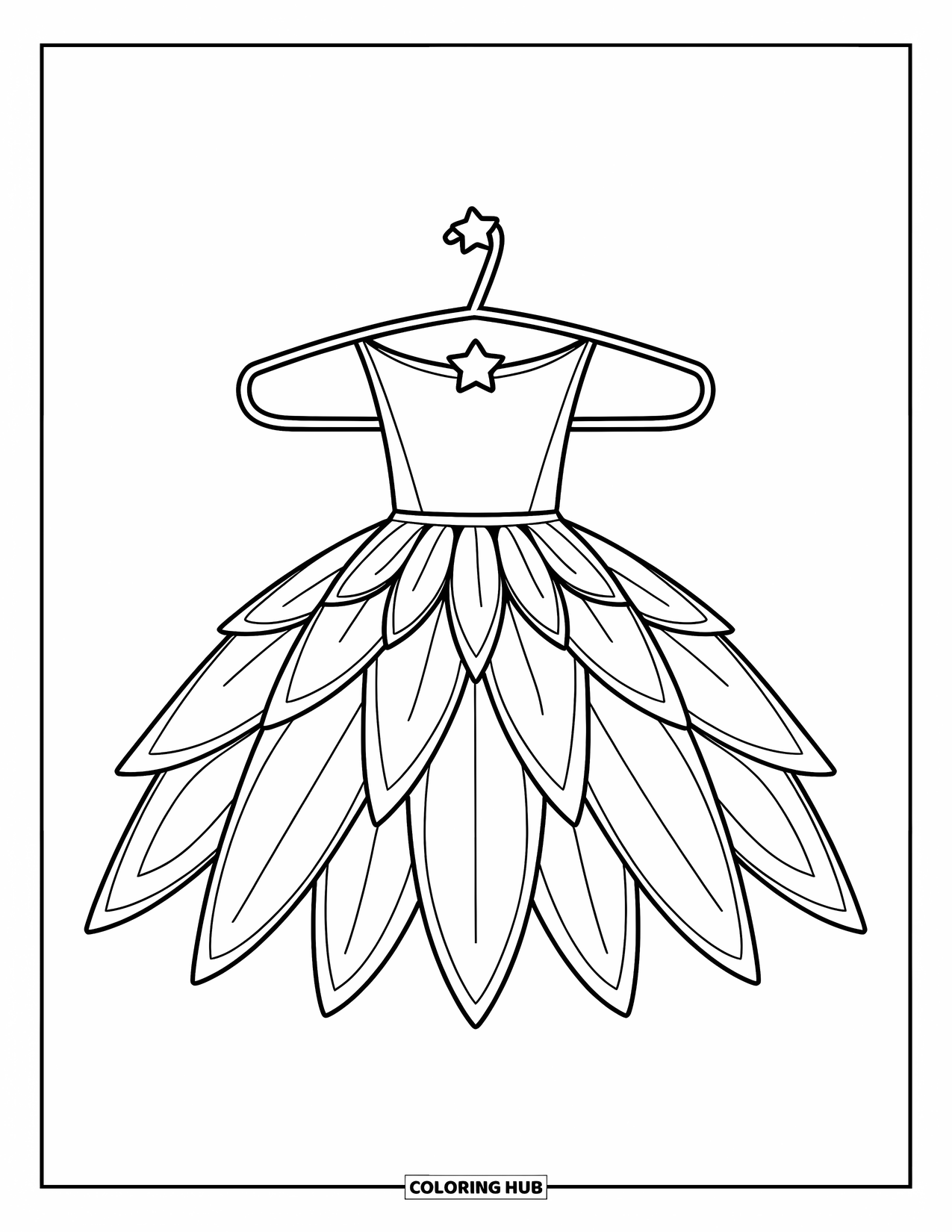 Kolorowanka z sukienką dla dzieci: Sukienka wróżki z warstwami przypominającymi płatki i maleńką gwiazdką na wieszaku dla magicznego akcentu
