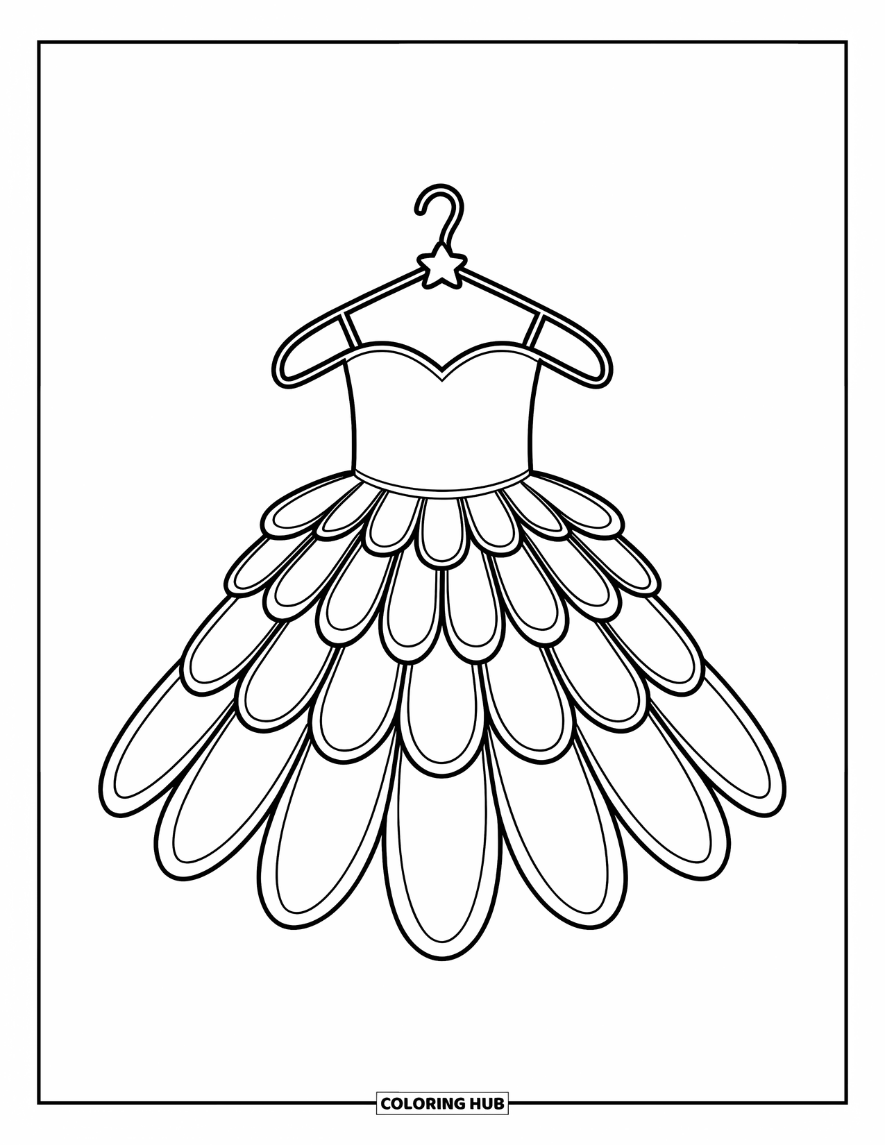 Kolorowanka z sukienką dla dzieci: Sukienka wróżki z warstwami w kształcie płatków i maleńkim akcentem w postaci gwiazdki, tworząca kapryśny wygląd