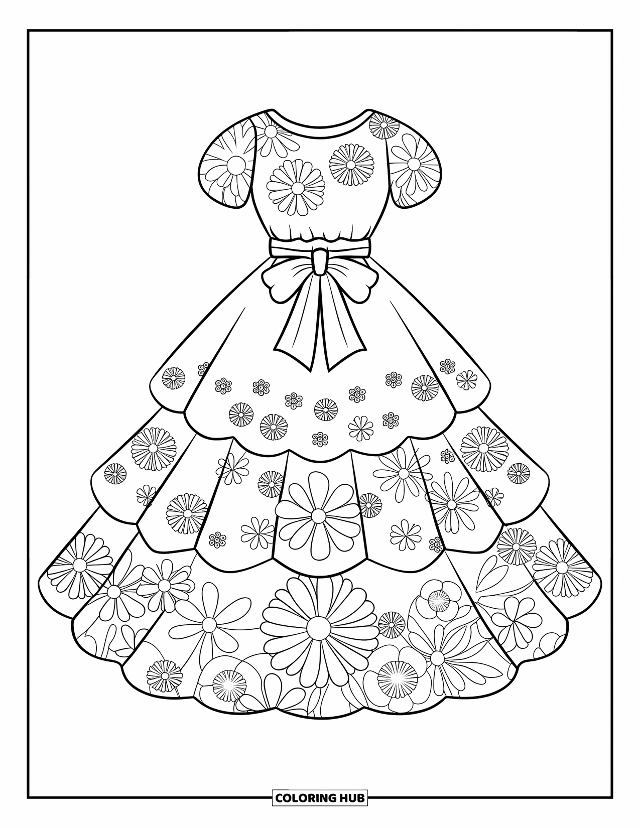Kolorowanka z sukienką dla dzieci: Sukienka festiwalowa z kwiatowymi wzorami i kokardą w talii