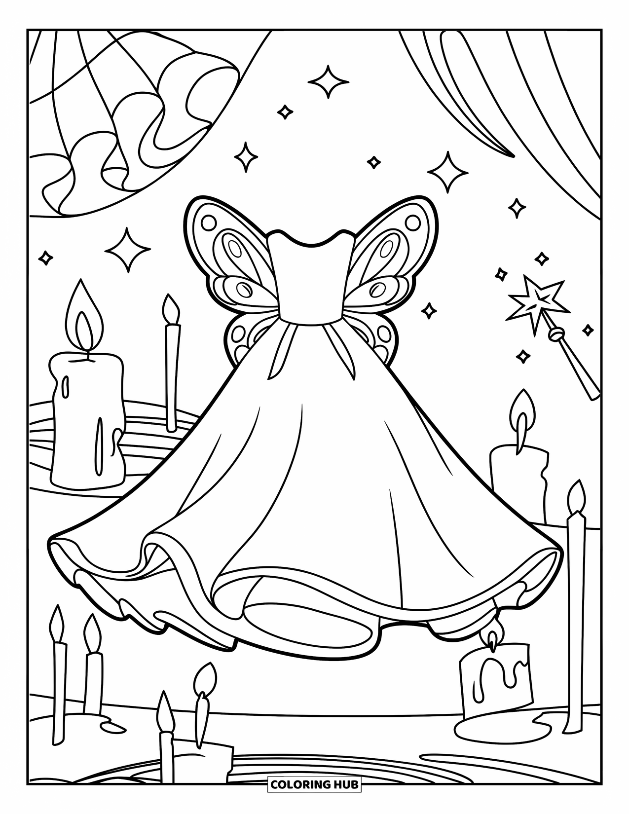 Kolorowanka z sukienką dla dzieci: Unosząca się sukienka ze skrzydłami motyla w magicznej scenerii z gwiazdami i unoszącymi się świecami