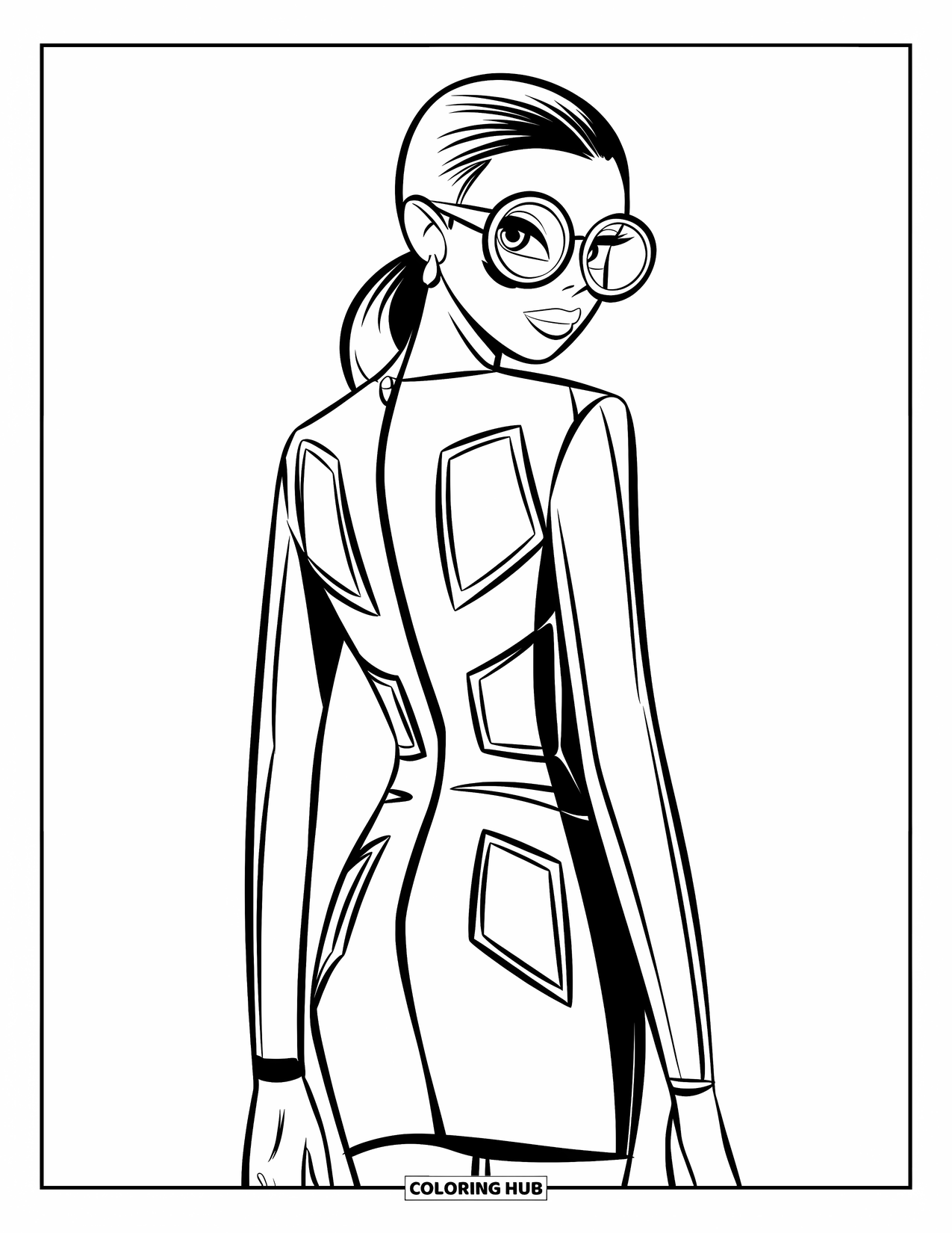 Kolorowanka z sukienką dla dzieci: Sukienka z wybiegu o geometrycznym wzorze z odważnymi kształtami i czystymi konturami