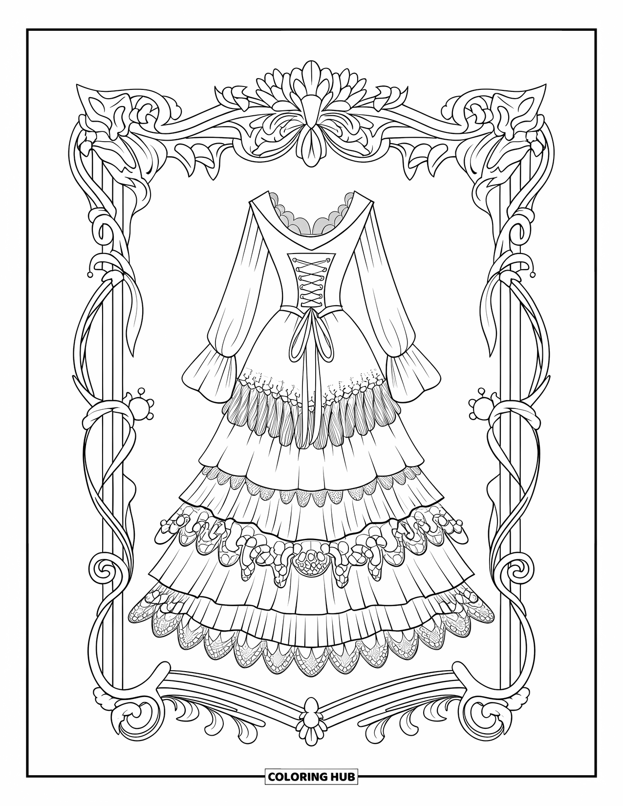 Kolorowanka z sukienką dla dzieci: Gotycka sukienka z niskim dekoltem i koronkowymi warstwami, otoczona skomplikowanymi wzorami