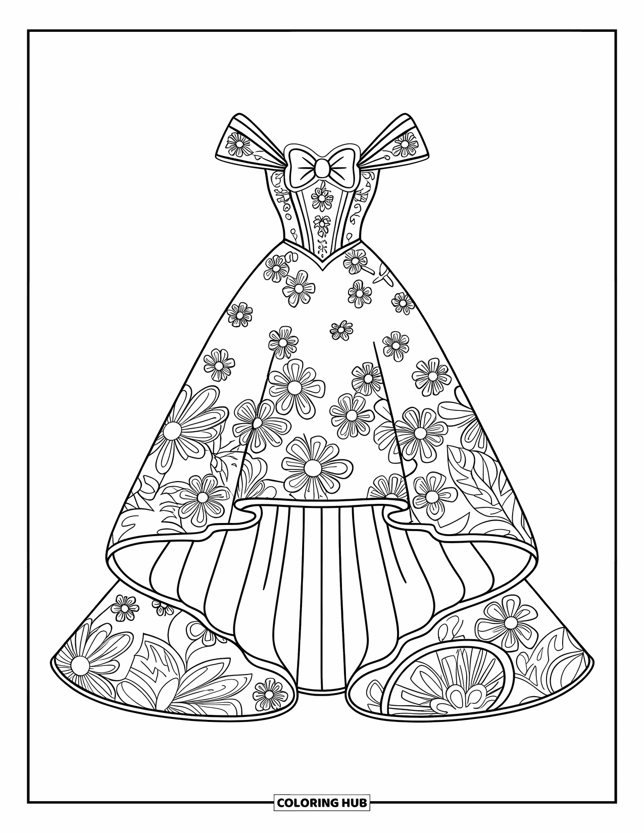 Kolorowanka z sukienką dla dzieci: Suknia high-low z kwiatowym stanikiem i eleganckim, nowoczesnym designem