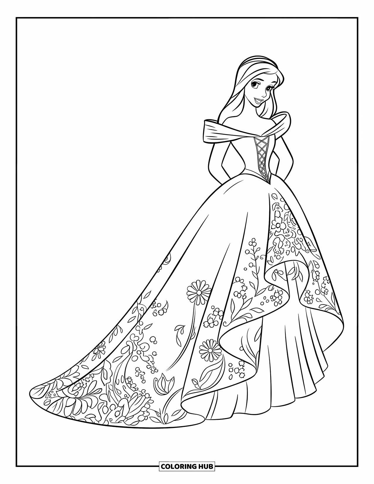 Kolorowanka z sukienką dla dzieci: Suknia high-low z kwiatowymi aplikacjami i wyrafinowanym stanikiem