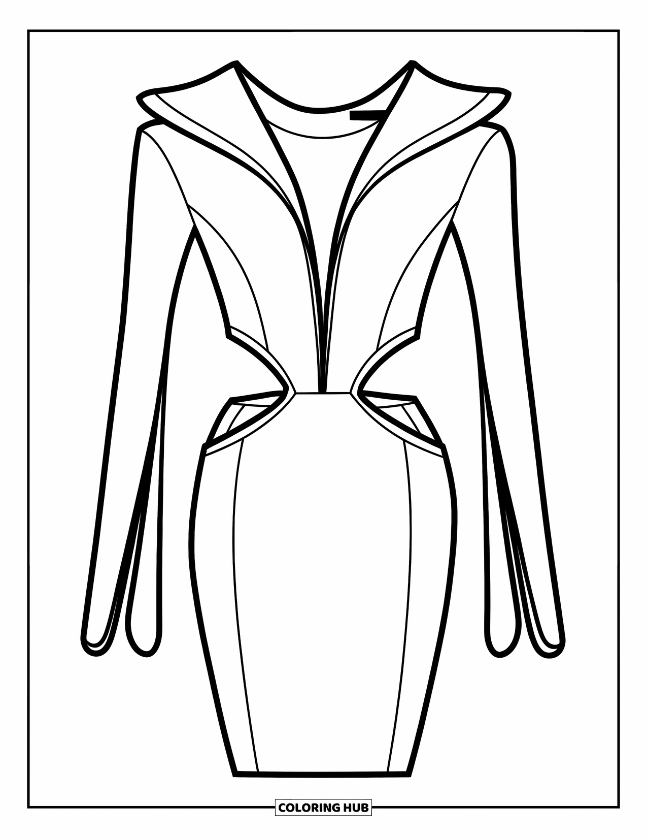 Kolorowanka z sukienką dla dzieci: Sukienka z wybiegu z wysokim dekoltem, długimi rękawami i skomplikowanymi koronkowymi detalami