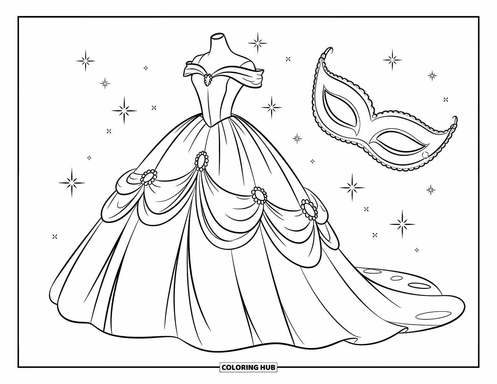 Kolorowanka z sukienką dla dzieci: Suknia balowa maskaradowa z eleganckimi drapowaniami i pasującą unoszącą się maską