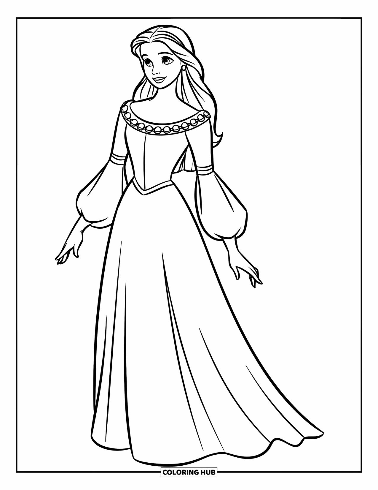 Kolorowanka z sukienką dla dzieci: Średniowieczna suknia z perłowymi detalami, noszona przez księżniczkę z ciemnymi włosami