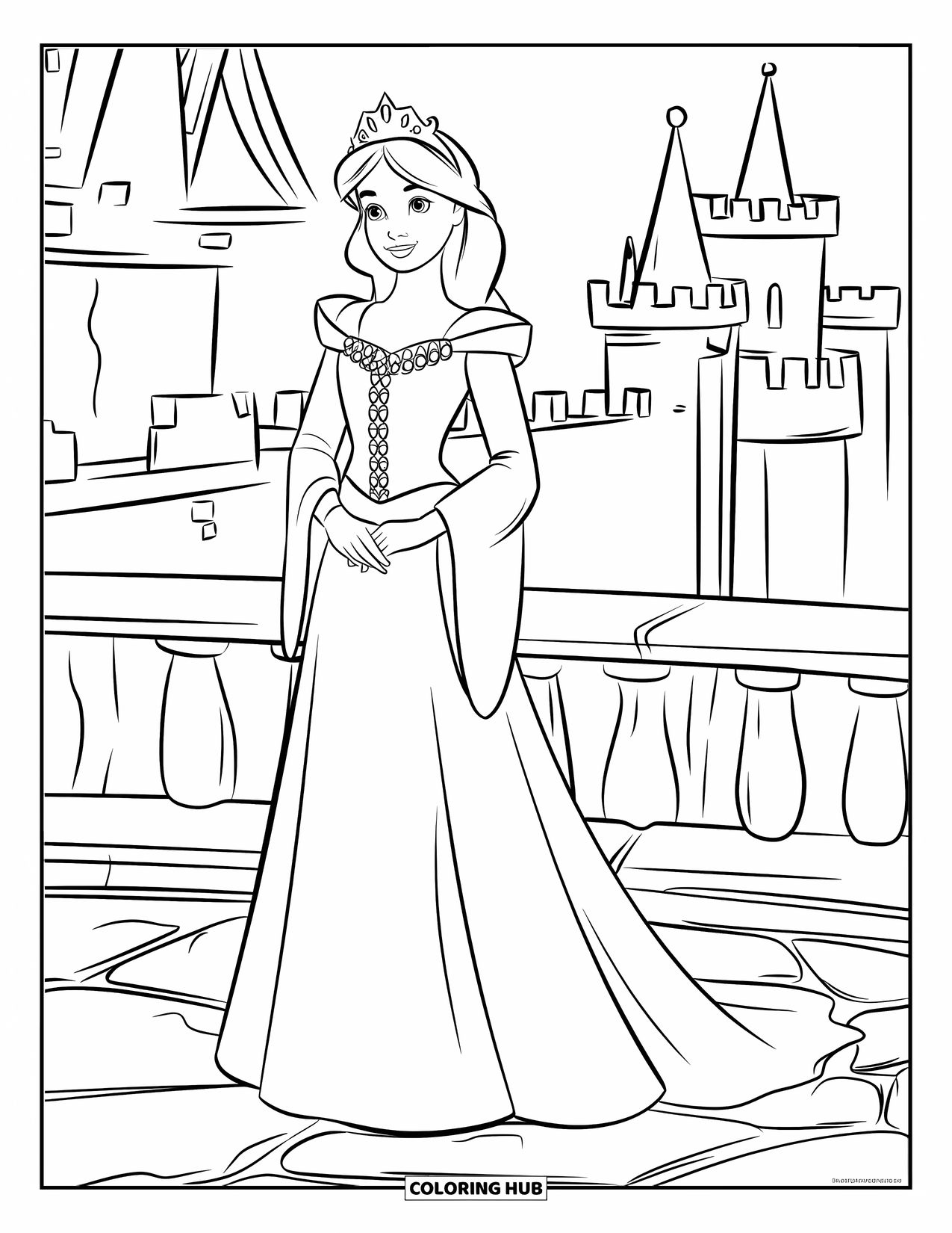 Kolorowanka z sukienką dla dzieci: Średniowieczna sukienka księżniczki z koroną i długim trenem, umieszczona w zamku