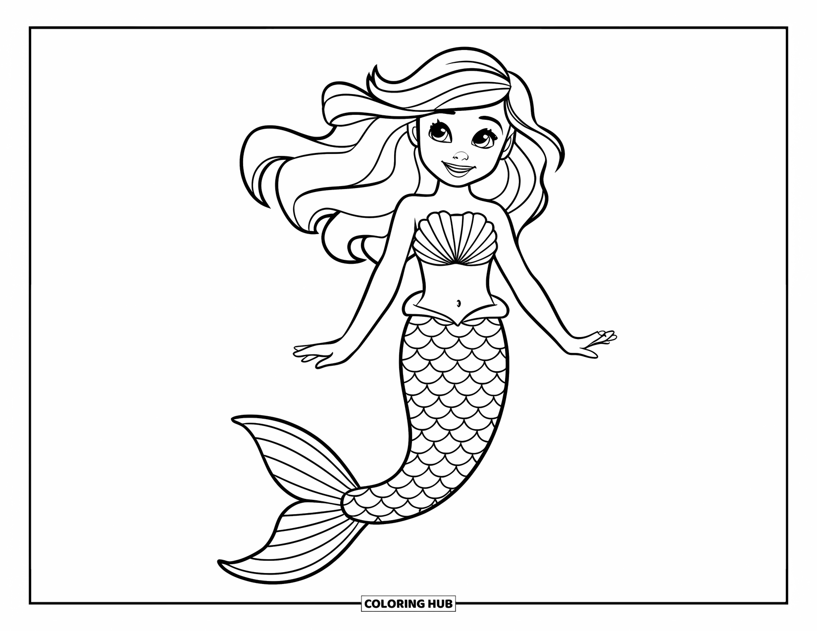 Kolorowanka z sukienką dla dzieci: Syrenia sukienka z łuskowatym ogonem i topem z muszelek, noszona przez uśmiechniętą młodą syrenę