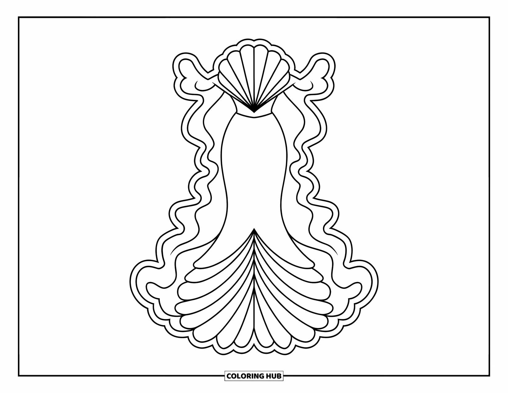 Kolorowanka z sukienką dla dzieci: Syrenia sukienka z falistymi liniami i topem z muszelek, zaprojektowana z myślą o radosnym motywie oceanu