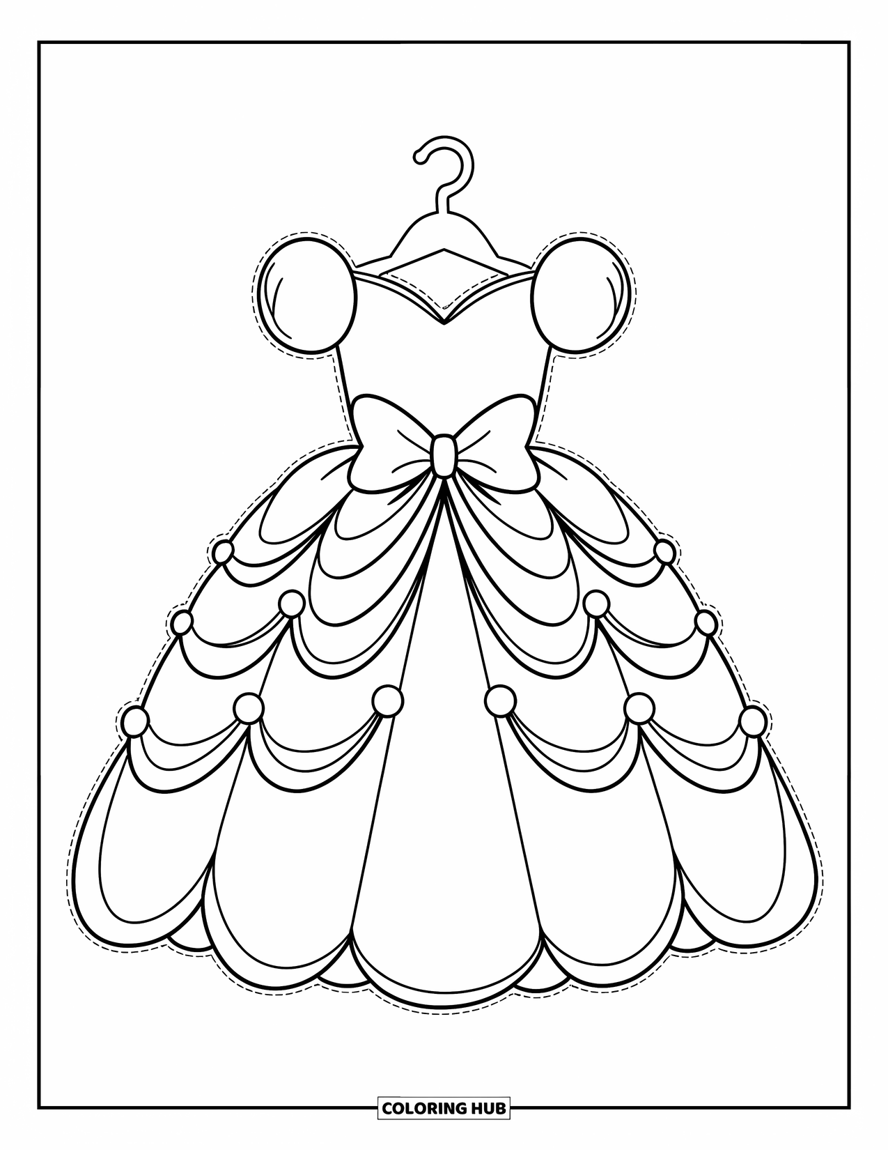 Kolorowanka z sukienką dla dzieci: Sukienka księżniczki z puszystą spódnicą i dużą kokardą, elegancko wyeksponowana na wieszaku