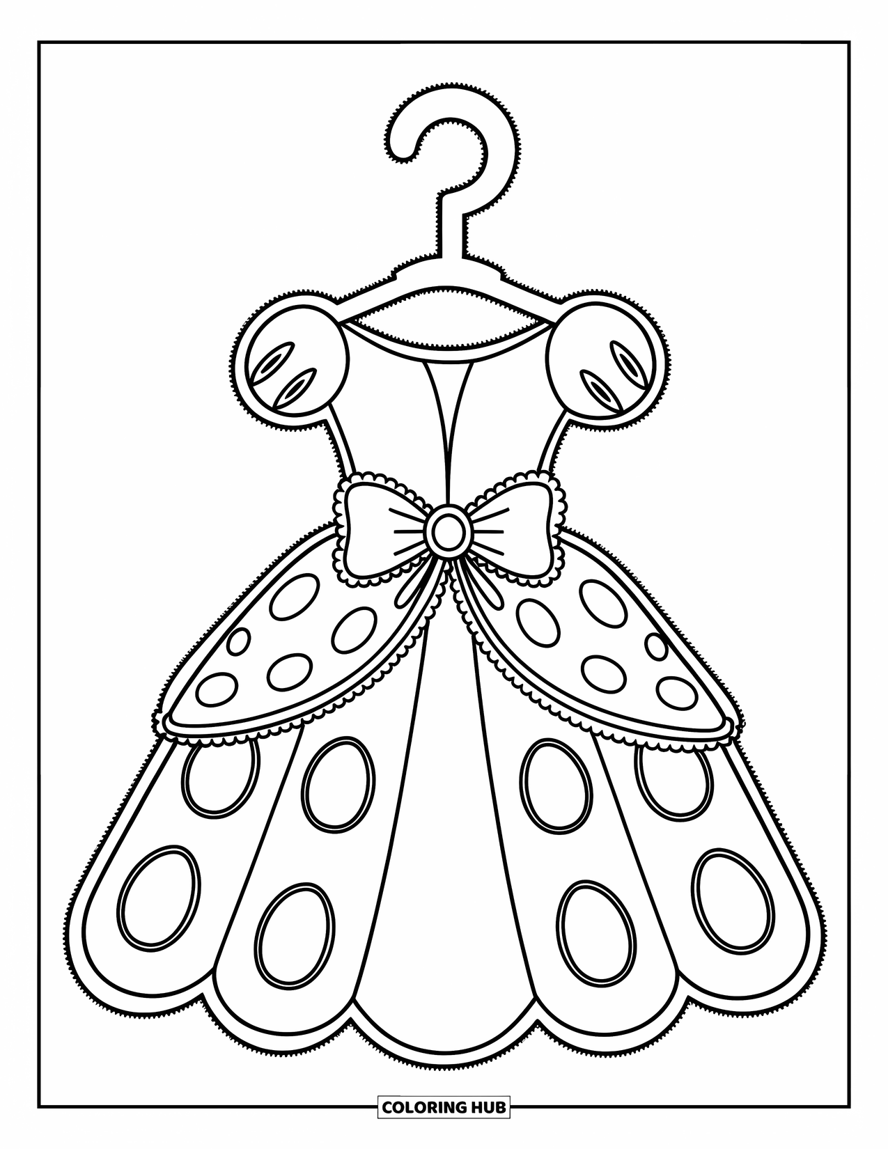Kolorowanka z sukienką dla dzieci: Sukienka księżniczki z pełną spódnicą, dużą kokardą w talii i wieszakiem w kształcie korony