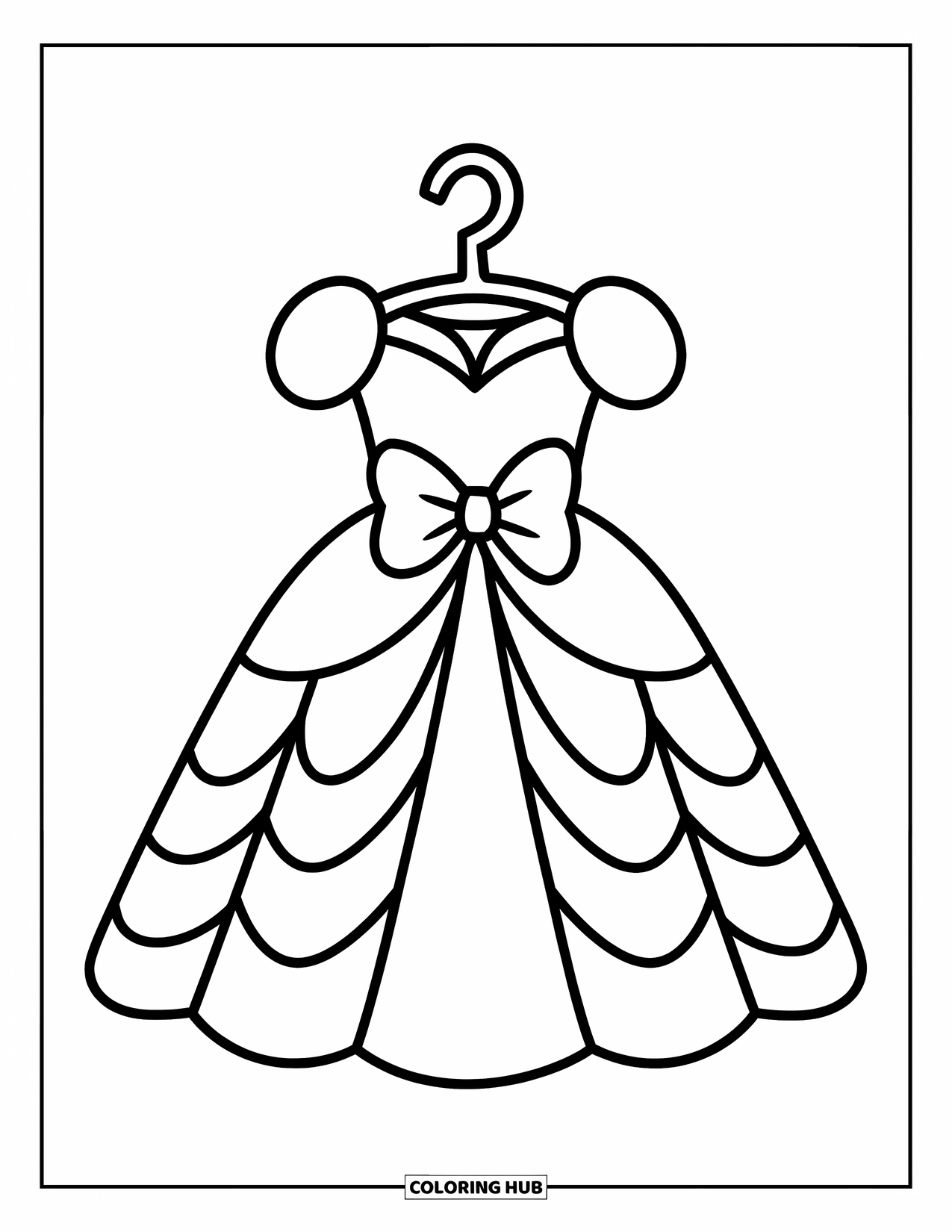 Kolorowanka z sukienką dla dzieci: Sukienka księżniczki z obszerną spódnicą, kokardą w talii i radosnym, zabawnym stylem