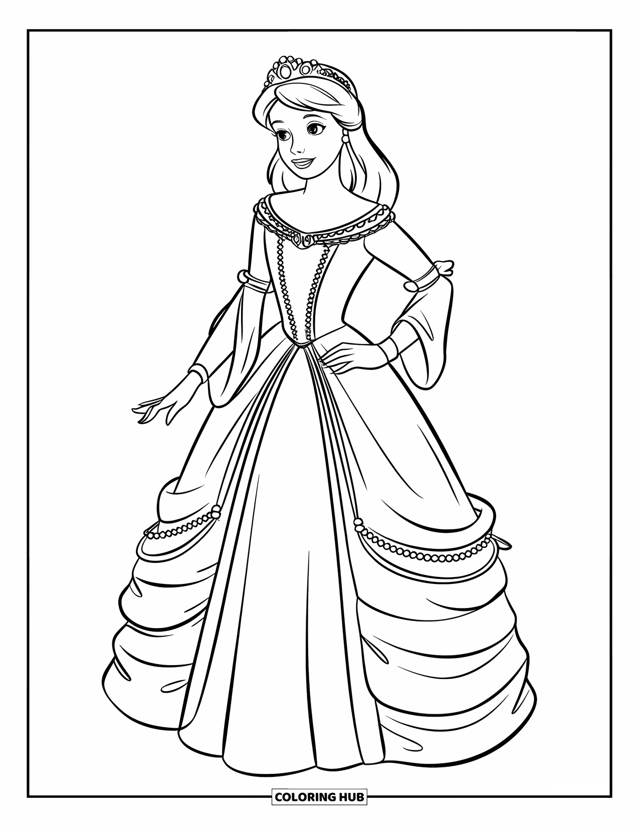 Kolorowanka z sukienką dla dzieci: Księżniczka w średniowiecznej sukni z koralikami, warstwami i delikatną koroną