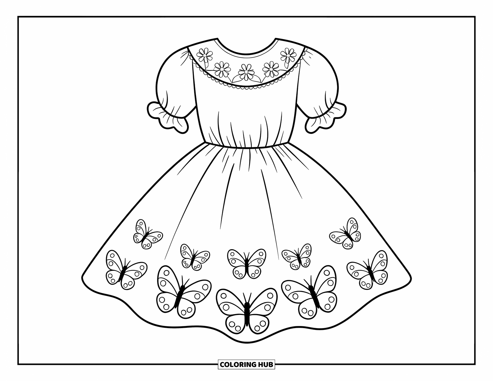 Kolorowanka z sukienką dla dzieci: Księżniczka w wiosennej sukience z motylami, zaprojektowana z myślą o relaksującym kolorowaniu