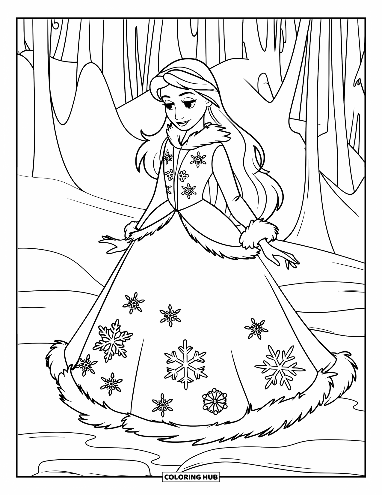 Kolorowanka z sukienką dla dzieci: Księżniczka w zimowej sukience z detalami płatków śniegu, stojąca na śnieżnej ziemi