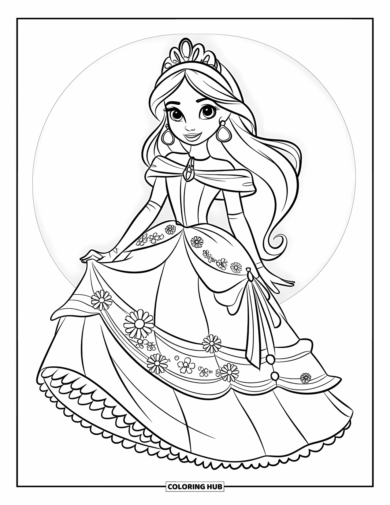 Kolorowanka z sukienką dla dzieci: Księżniczka w sukience festiwalowej z szarfą, umieszczona w ozdobnej ramie