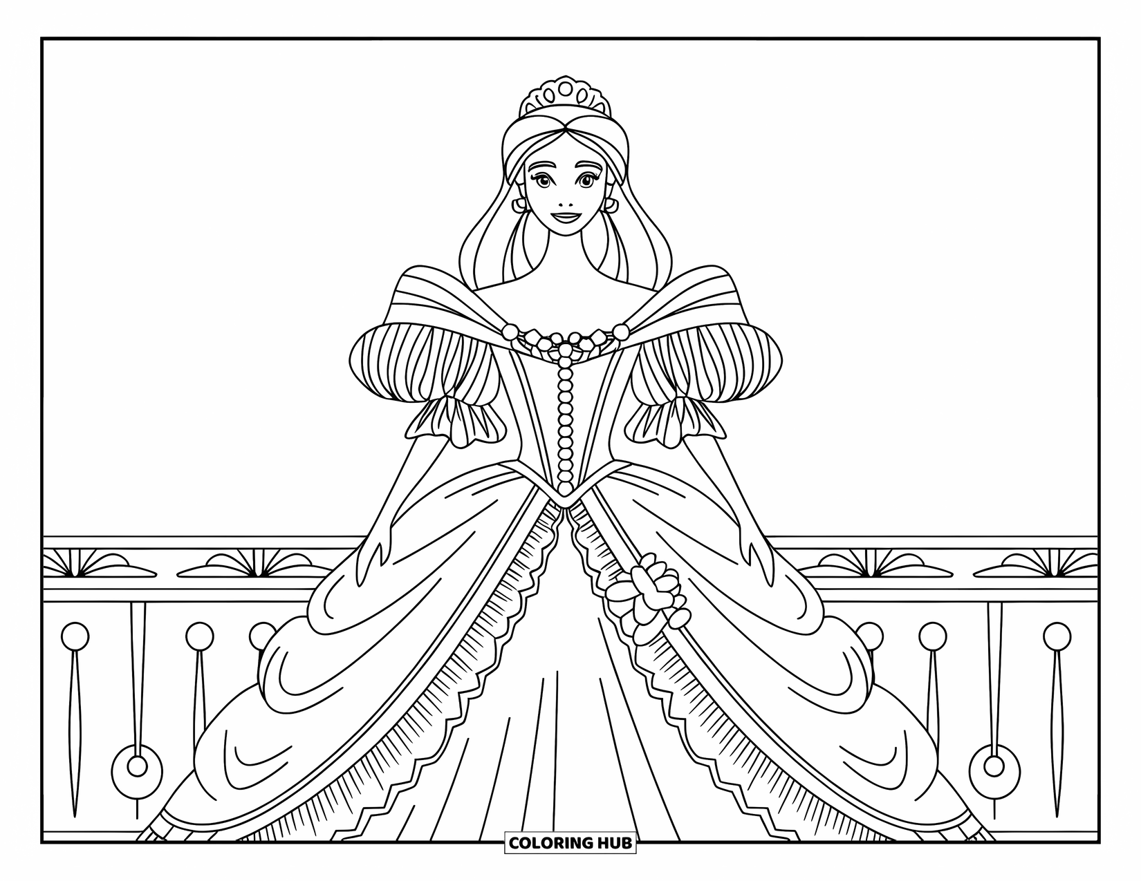 Kolorowanka z sukienką dla dzieci: Księżniczka w wiktoriańskiej sukni z koroną, stojąca w prostym otoczeniu