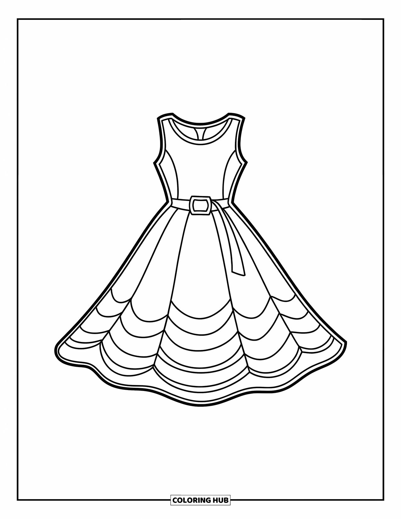 Kolorowanka z sukienką dla dzieci: Letnia sukienka bez rękawów z zabawnym, falistym brzegiem i stylowym paskiem w talii