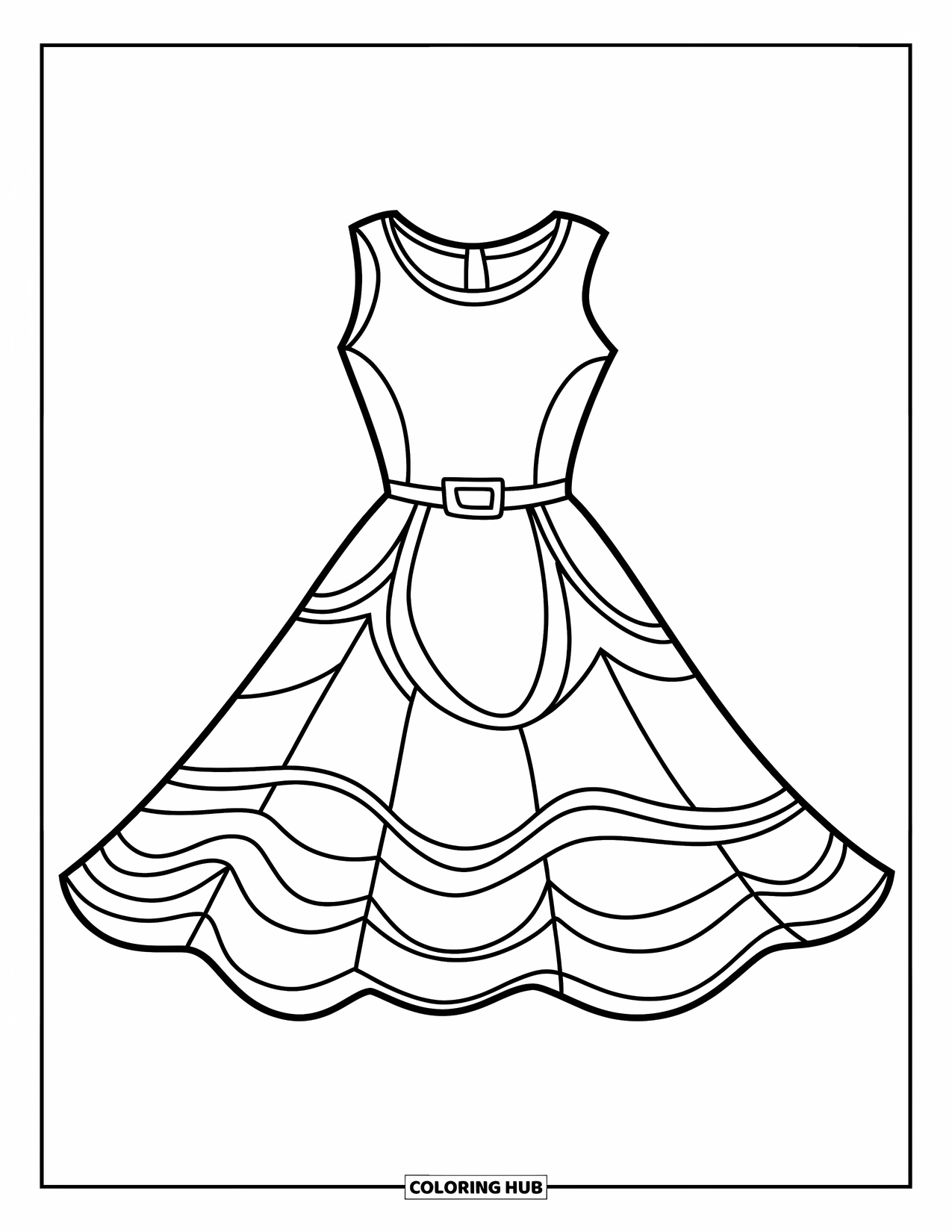 Kolorowanka z sukienką dla dzieci: Letnia sukienka bez rękawów z odważnymi kształtami, falistym brzegiem i radosnym, zabawnym wyglądem