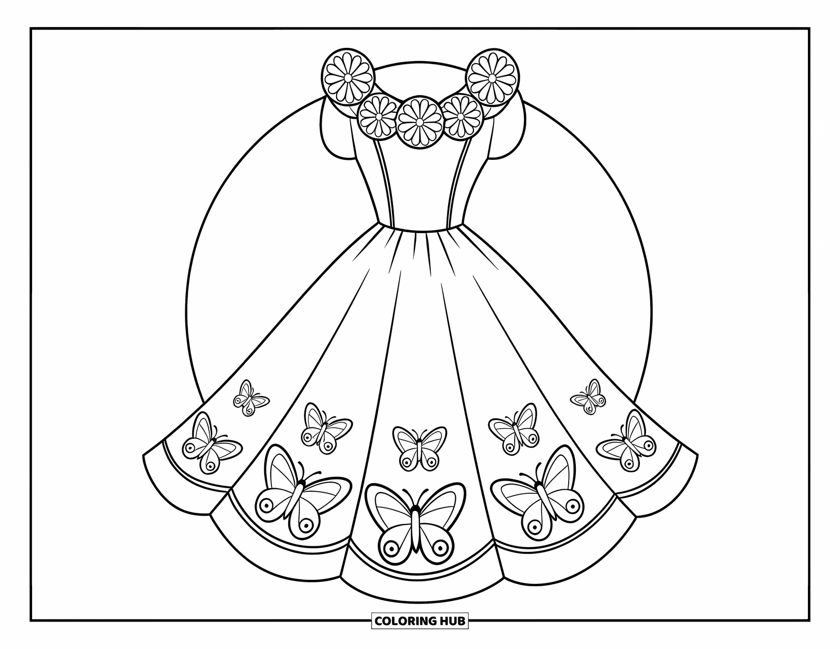 Kolorowanka z sukienką dla dzieci: Wiosenna sukienka z kwiatowym kołnierzykiem i detalami motyli noszona przez księżniczkę