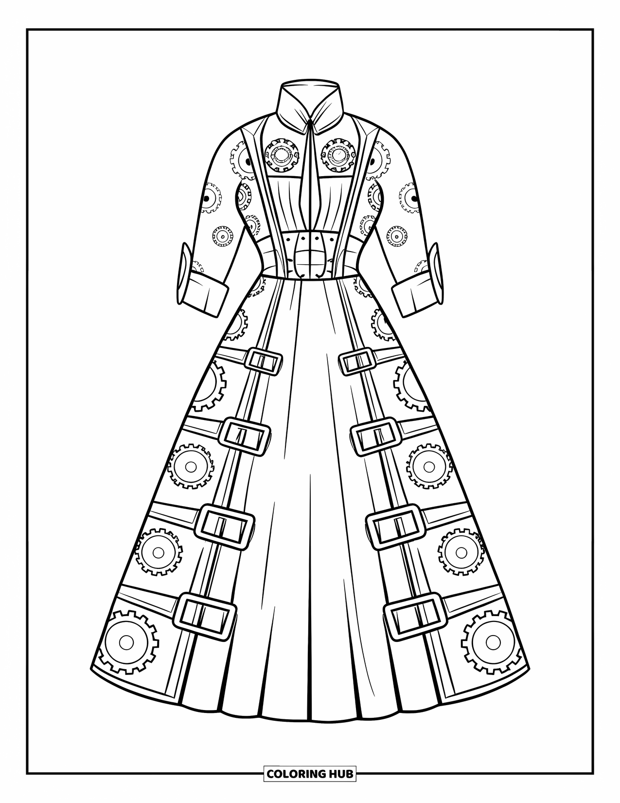 Kolorowanka z sukienką dla dzieci: Sukienka steampunk z zębatkami i wysokim kołnierzem, na białym tle