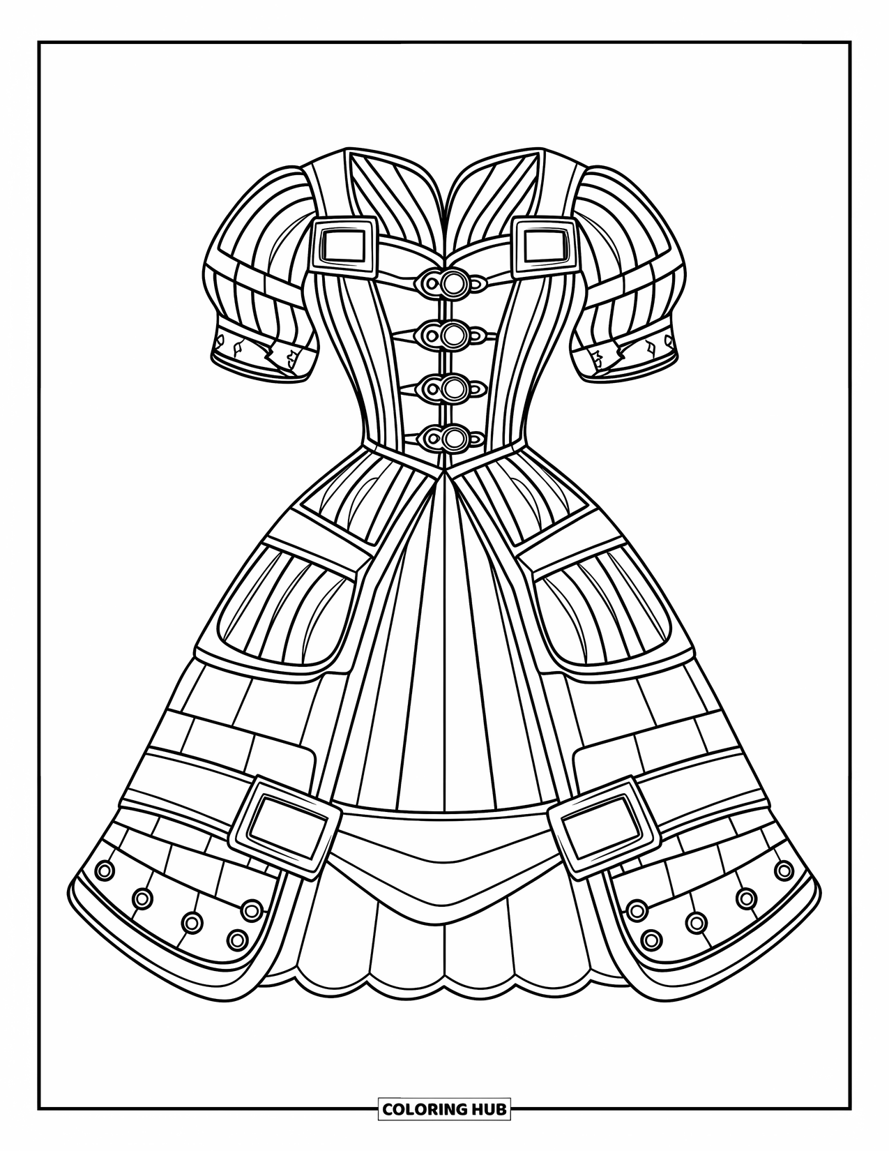 Kolorowanka z sukienką dla dzieci: Sukienka steampunk z metalowymi klamrami i wiktoriańską sylwetką