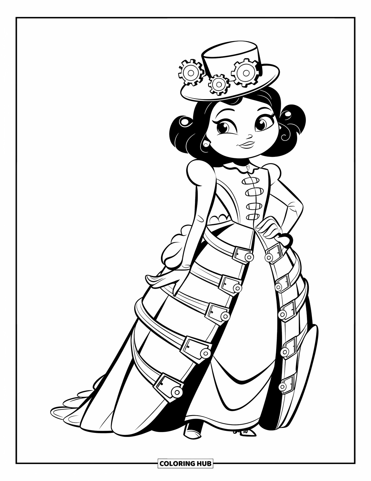 Kolorowanka z sukienką dla dzieci: Sukienka steampunk noszona przez postać z pasującym kapeluszem ozdobionym zębatkami