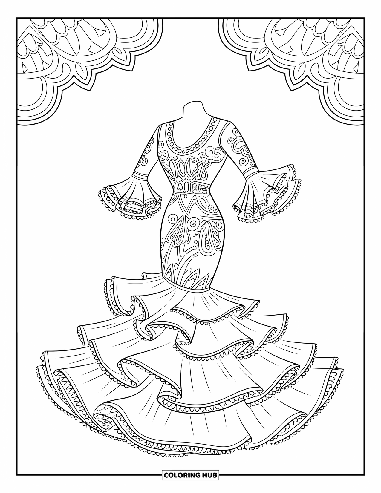 Kolorowanka z sukienką dla dzieci: Tradycyjna suknia flamenco z warstwowymi falbanami i eleganckimi wzorami