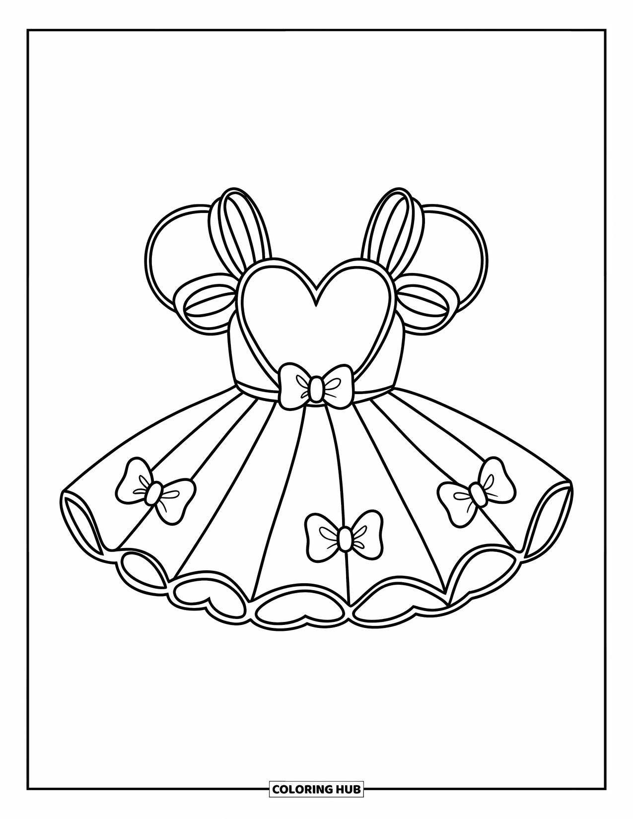 Kolorowanka z sukienką dla dzieci: Sukienka tutu z rozkloszowaną spódnicą, górą w kształcie serca i ozdobnymi kokardami dla dodatkowego uroku
