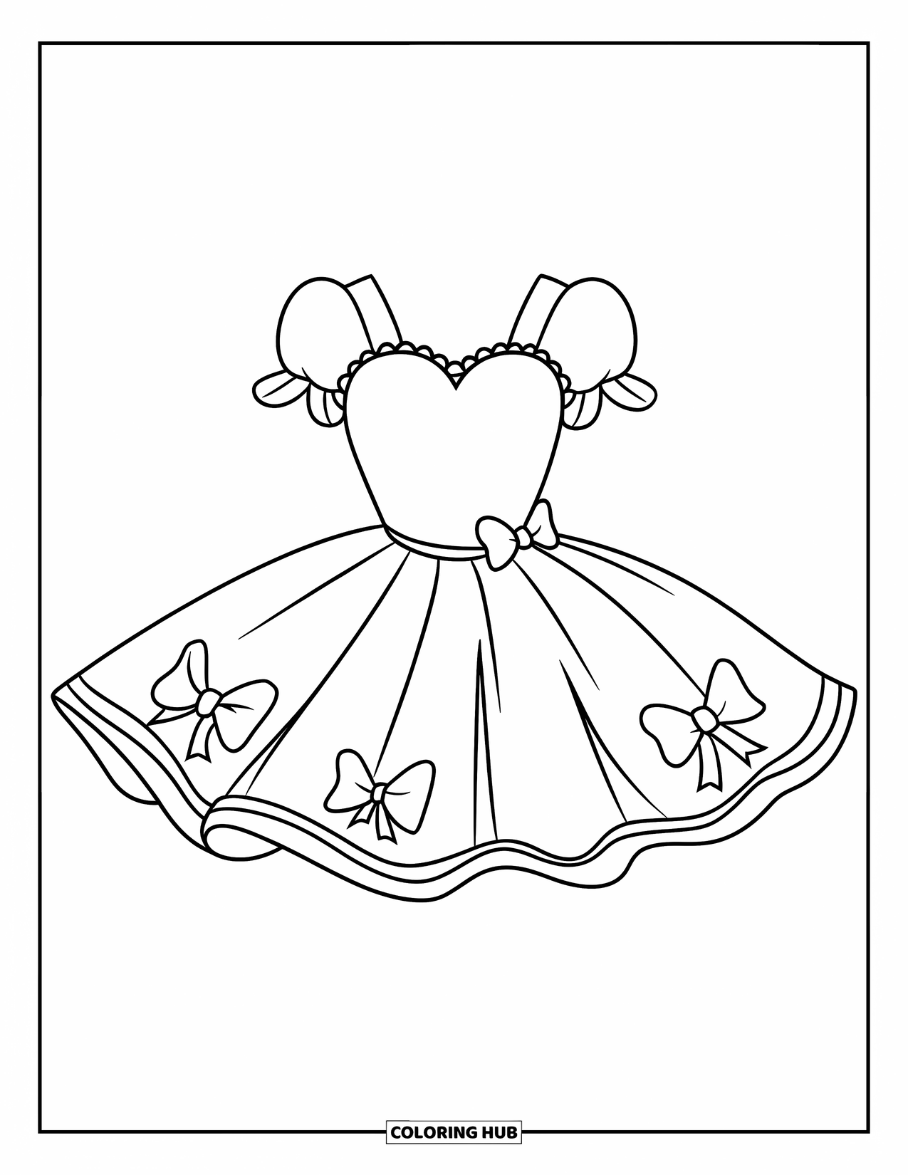 Kolorowanka z sukienką dla dzieci: Sukienka tutu z powiewną spódnicą, górą w kształcie serca i zabawnymi detalami kokardek
