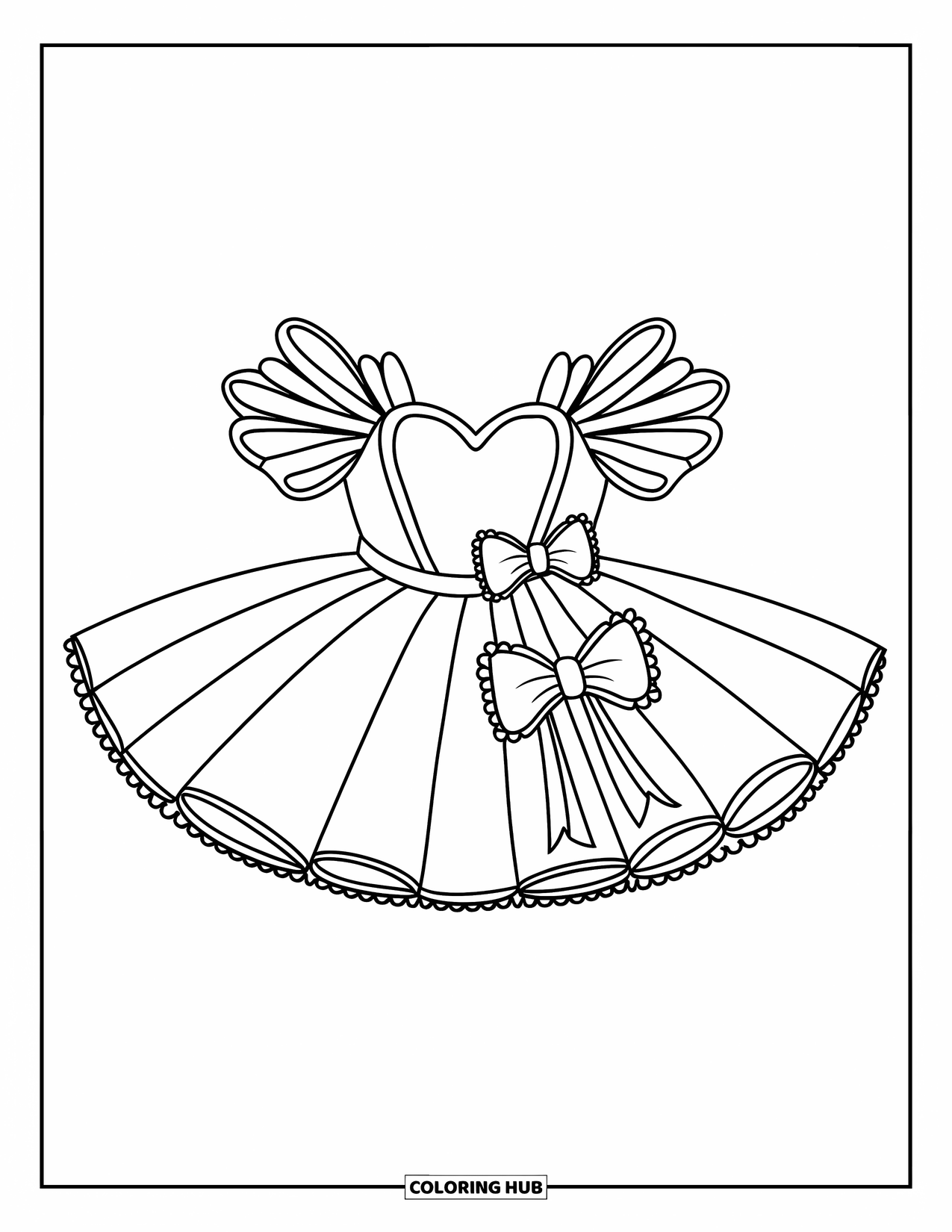 Kolorowanka z sukienką dla dzieci: Sukienka tutu z szeroką spódnicą, stanikiem w kształcie serca i dużymi kokardami dla zabawnego wyglądu