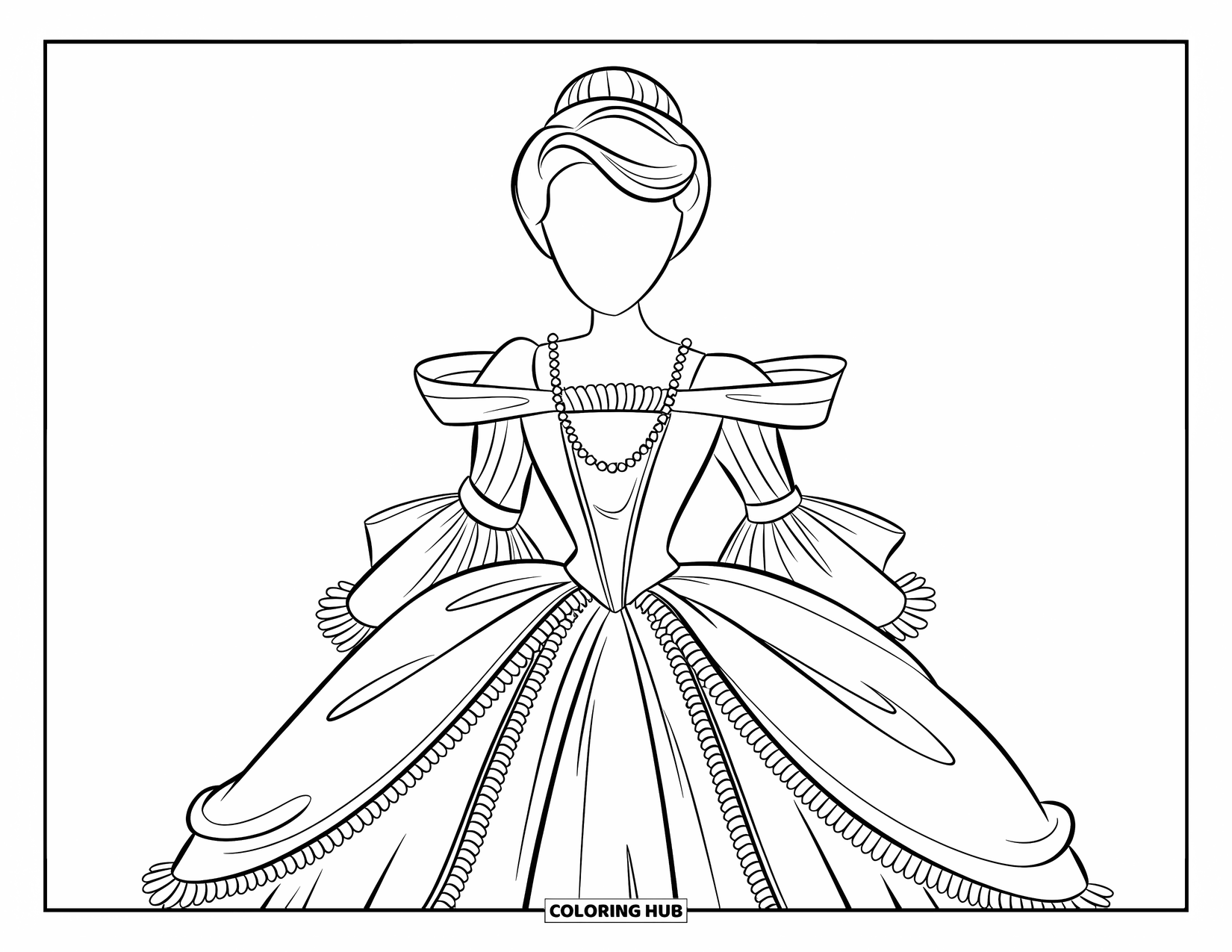 Kolorowanka z sukienką dla dzieci: Wiktoriańska suknia z eleganckimi falbanami i perłami, na białym tle