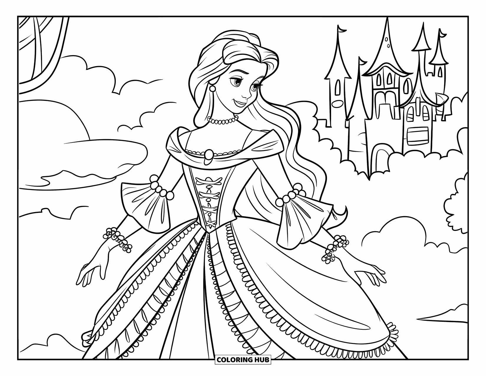 Kolorowanka z sukienką dla dzieci: Suknia w stylu wiktoriańskim z falbanami, perłami i efektownymi rękawami, noszona przez księżniczkę