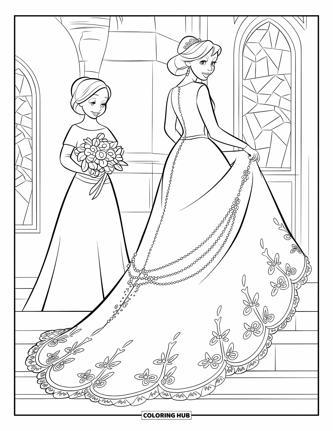 Kolorowanka z sukienką dla dzieci: Suknia ślubna z długim trenem, trzymana przez druhnę w pobliżu kościoła