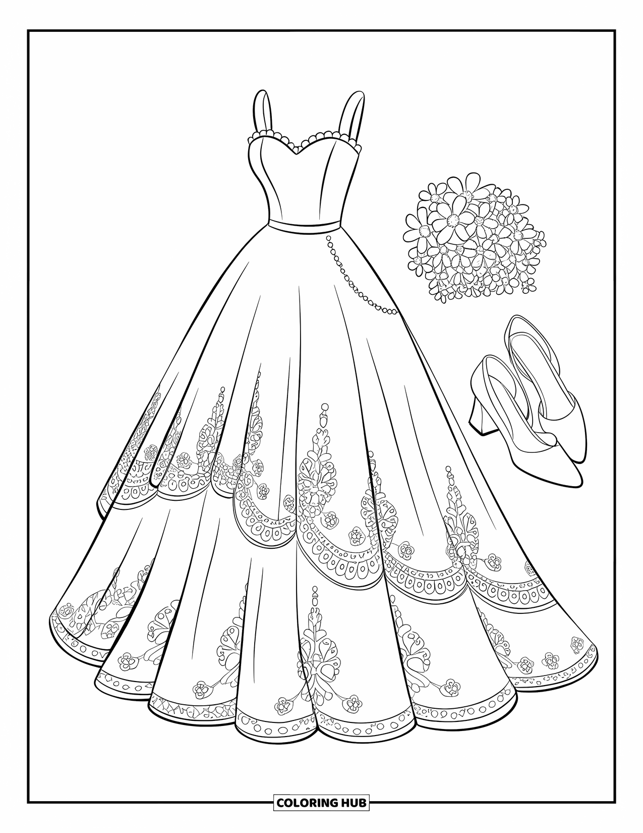Kolorowanka z sukienką dla dzieci: Suknia ślubna z kaskadową koronką i sznurem pereł wzdłuż talii