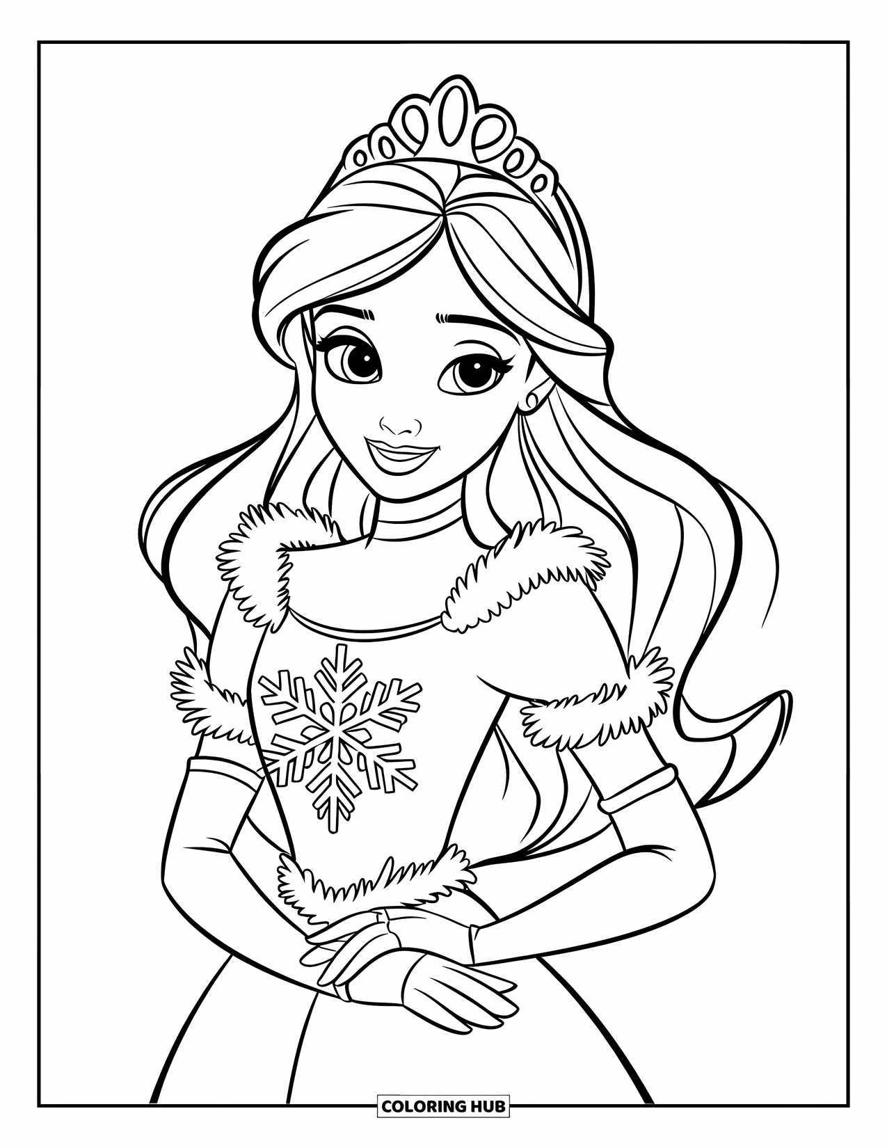 Kolorowanka z sukienką dla dzieci: Zimowa suknia ze stanikiem w kształcie płatka śniegu, noszona przez księżniczkę z koroną