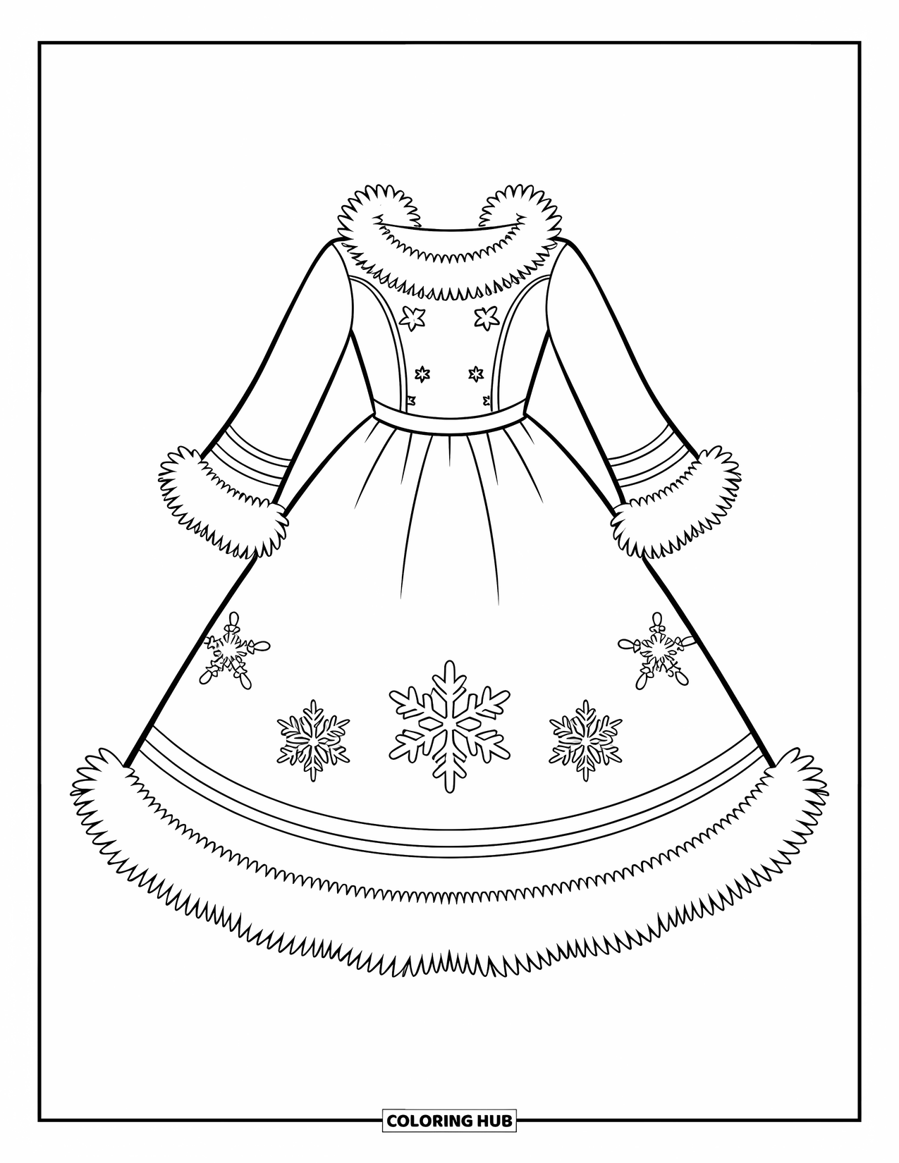 Kolorowanka z sukienką dla dzieci: Sukienka o tematyce zimowej z wzorami płatków śniegu i puszystymi wykończeniami
