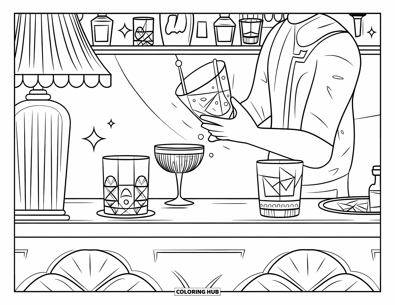 Coloriage de boisson pour adultes : Un barman en nœud papillon verse un cocktail dans un bar rempli de verrerie élégante