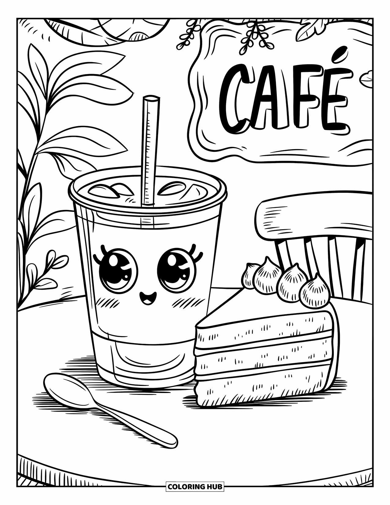 Coloriage de boisson pour adultes : Une tasse de café glacé joyeuse repose sur une table de café avec une tranche de gâteau et une petite paille