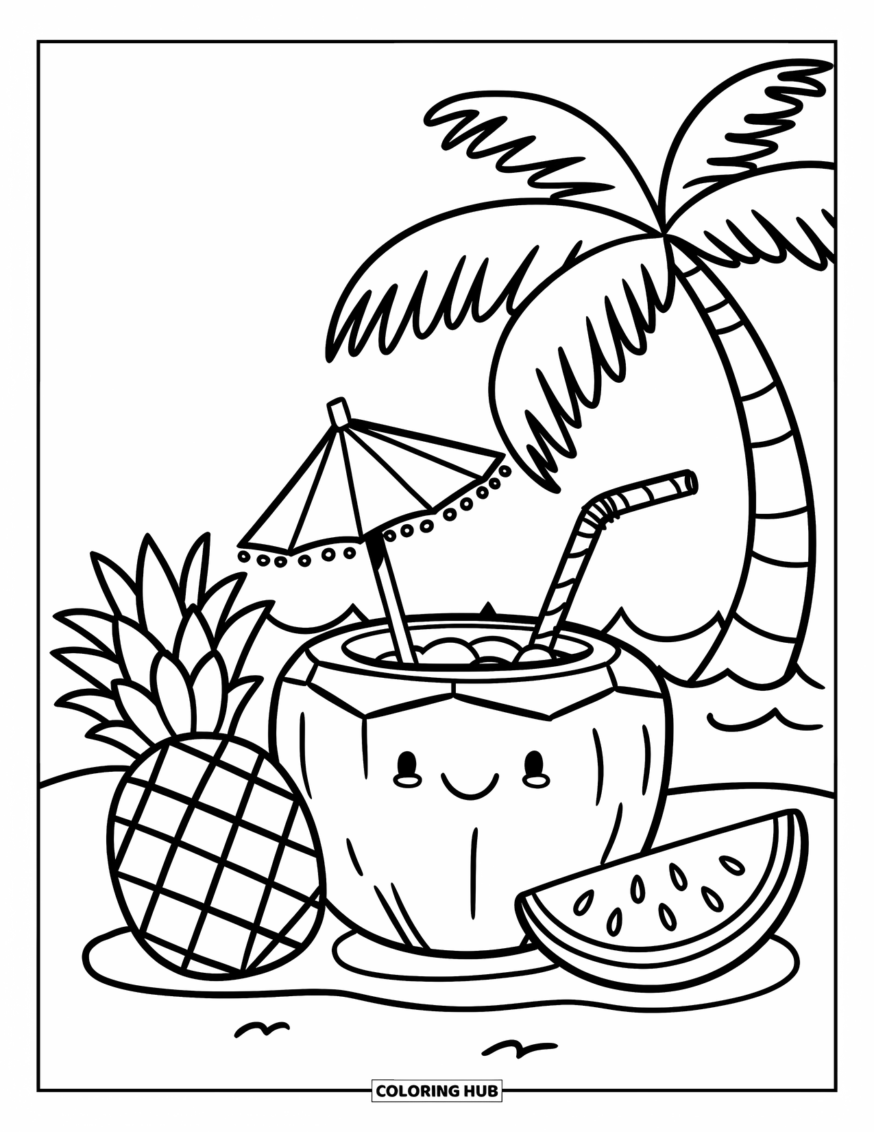 Coloriage de boisson pour adultes : Une boisson à la noix de coco avec des tranches de fruits est posée sur une île tropicale avec des vagues et un palmier à proximité