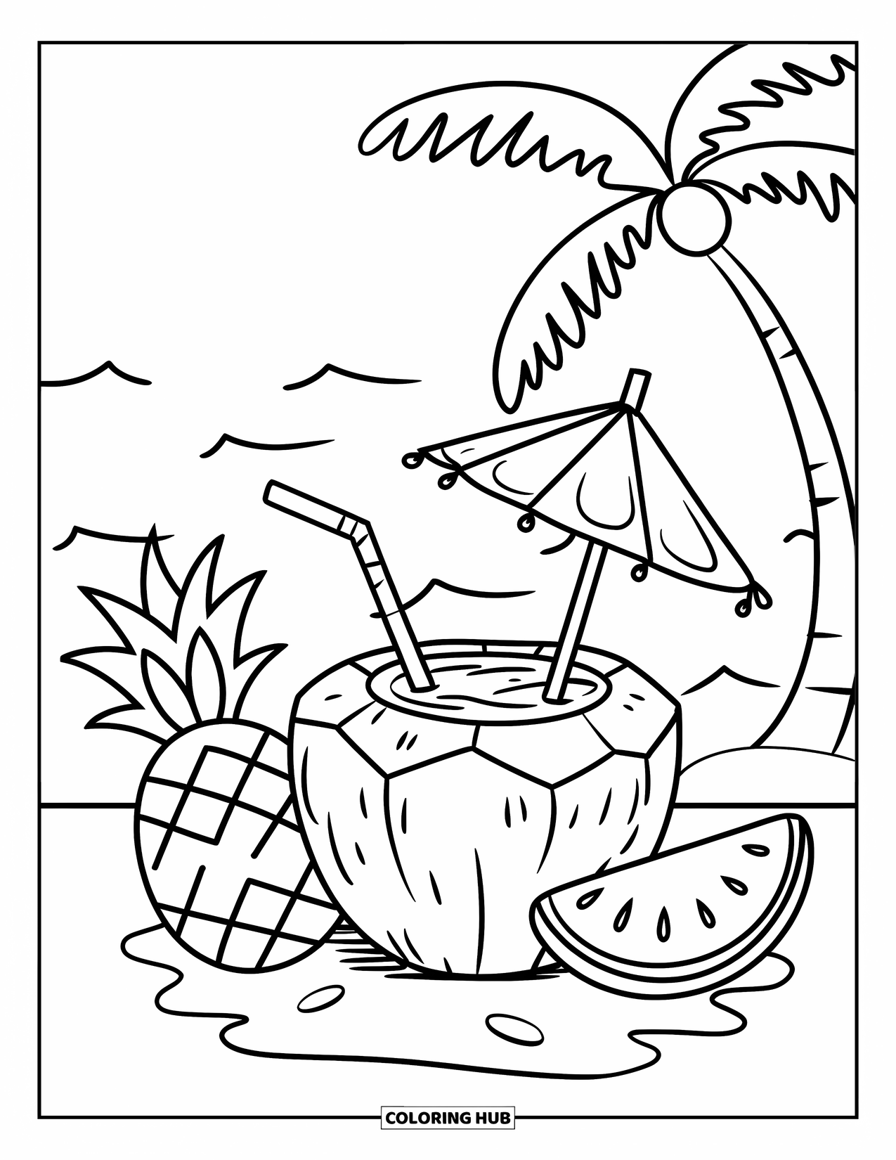 Coloriage de boisson pour adultes : Une noix de coco avec une paille et un parasol repose sur une île de sable avec une tranche d'ananas et de pastèque
