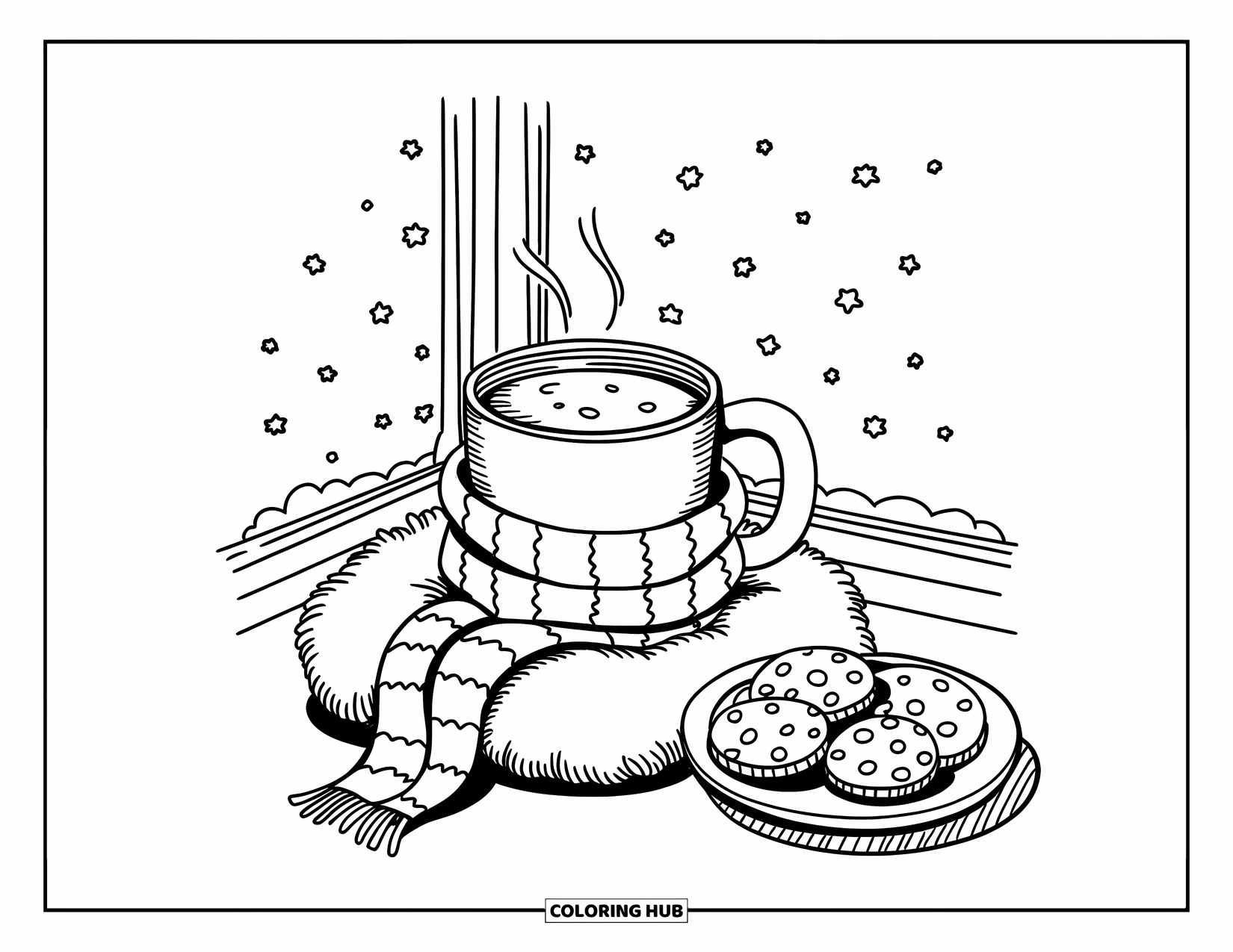 Coloriage de boisson pour adultes : Une tasse confortable de chocolat chaud enveloppée dans une écharpe est posée près d'une fenêtre avec des flocons de neige qui tombent