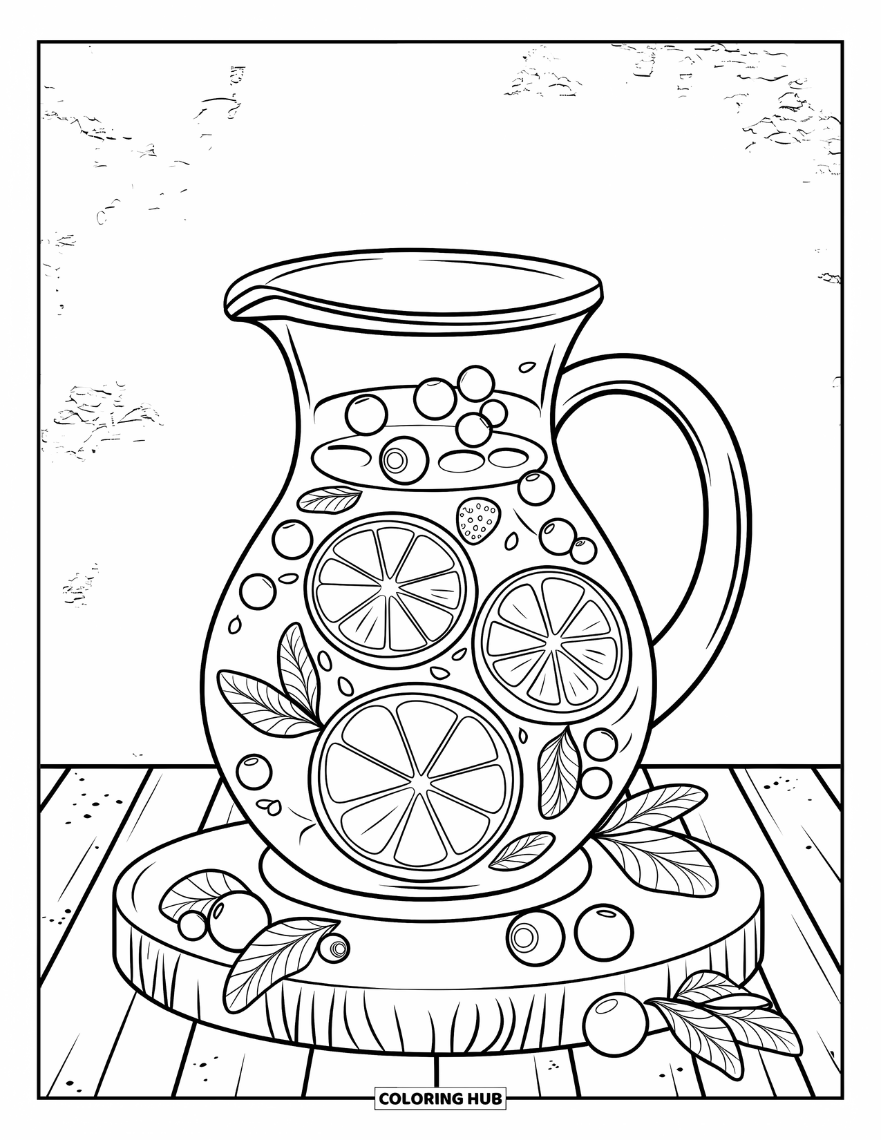 Coloriage de boisson pour adultes : Un pichet d'eau décoratif infusé aux fruits avec des baies et des tranches d'agrumes repose sur une planche de bois