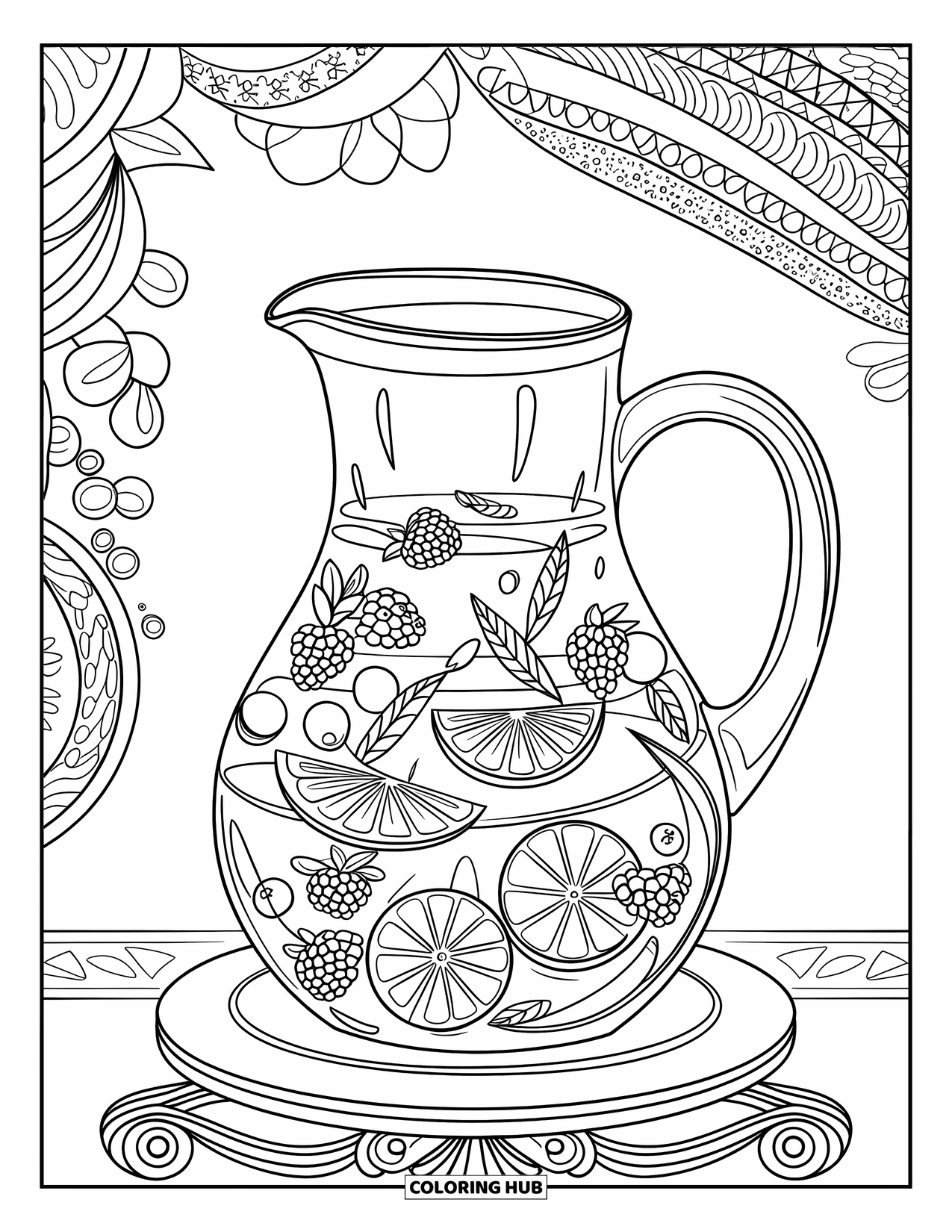 Coloriage de boisson pour adultes : Un pichet d'eau infusé aux fruits avec des tranches d'agrumes, des baies et de la menthe est posé sur un support en bois