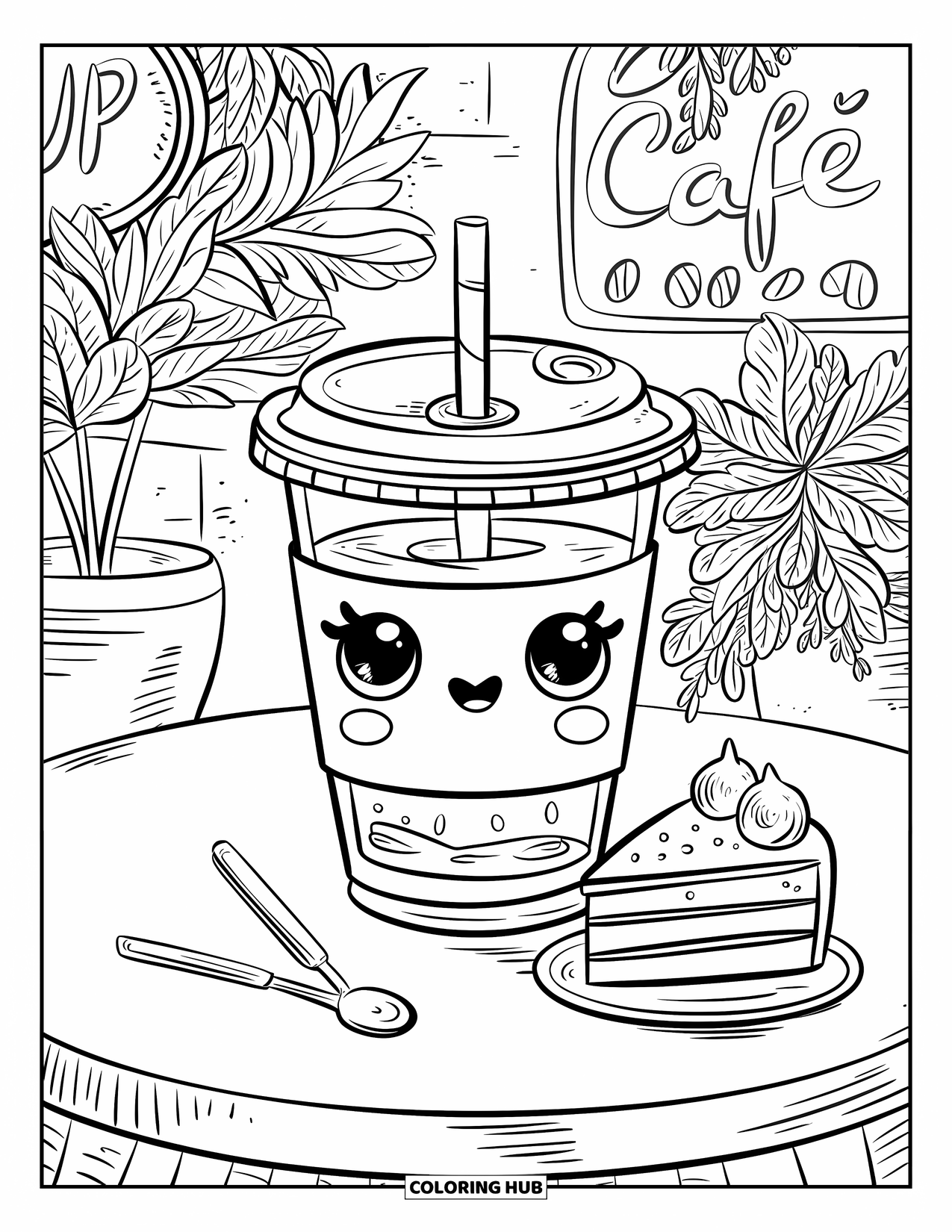 Coloriage de boisson pour adultes : Une tasse de café glacé joyeuse est assise à une table de café confortable avec une tranche de gâteau et une petite cuillère