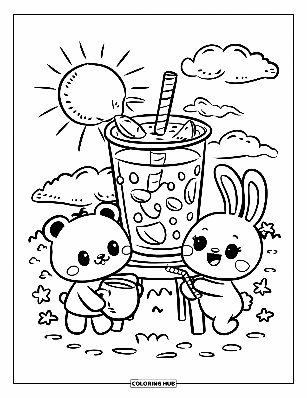 Coloriage de boisson pour adultes : Une tasse de limonade à un stand sert un ours et un lapin dans un cadre ensoleillé avec des nuages duveteux