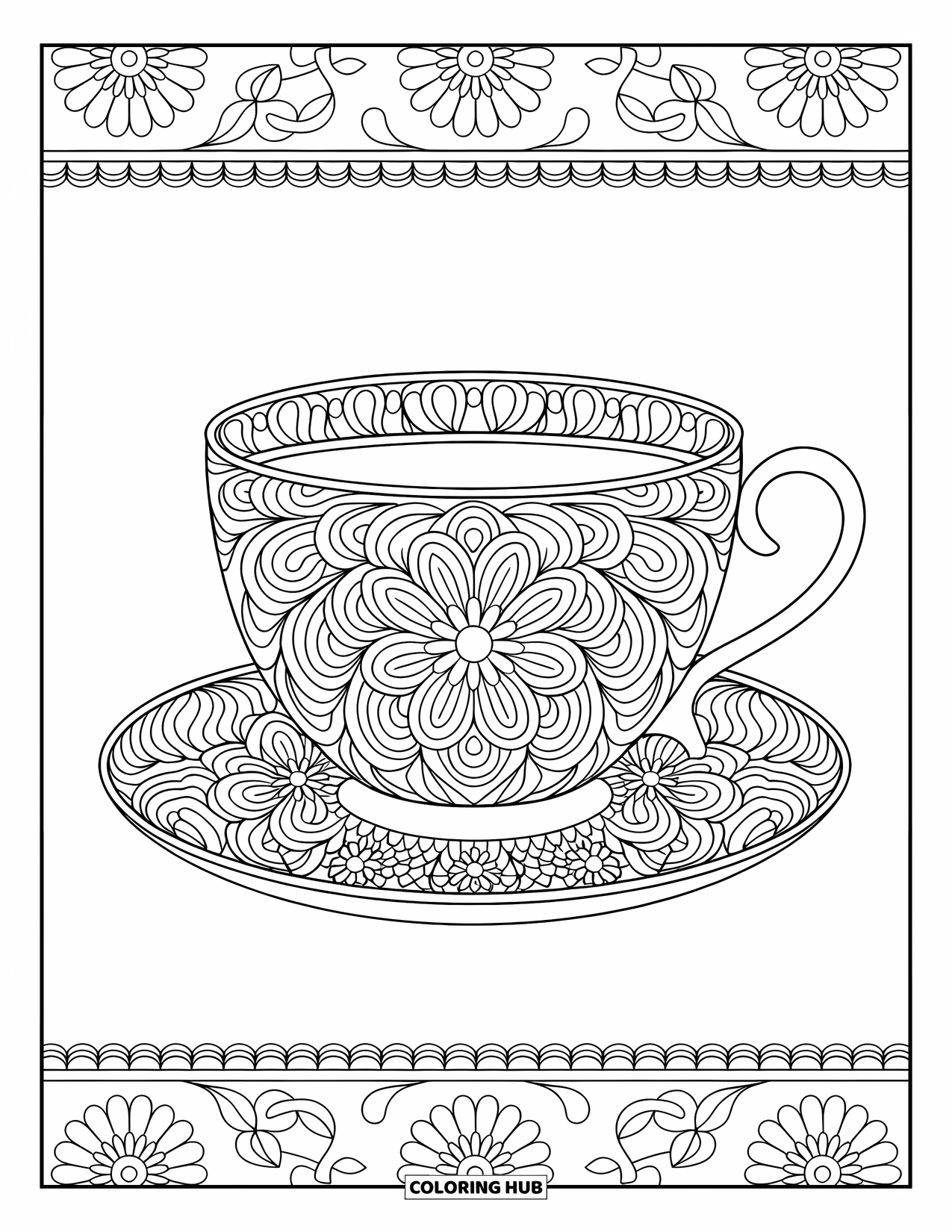 Coloriage de boisson pour adultes : Une tasse à thé d'inspiration mandala avec des motifs ornés est posée sur une soucoupe avec une bordure décorative florale