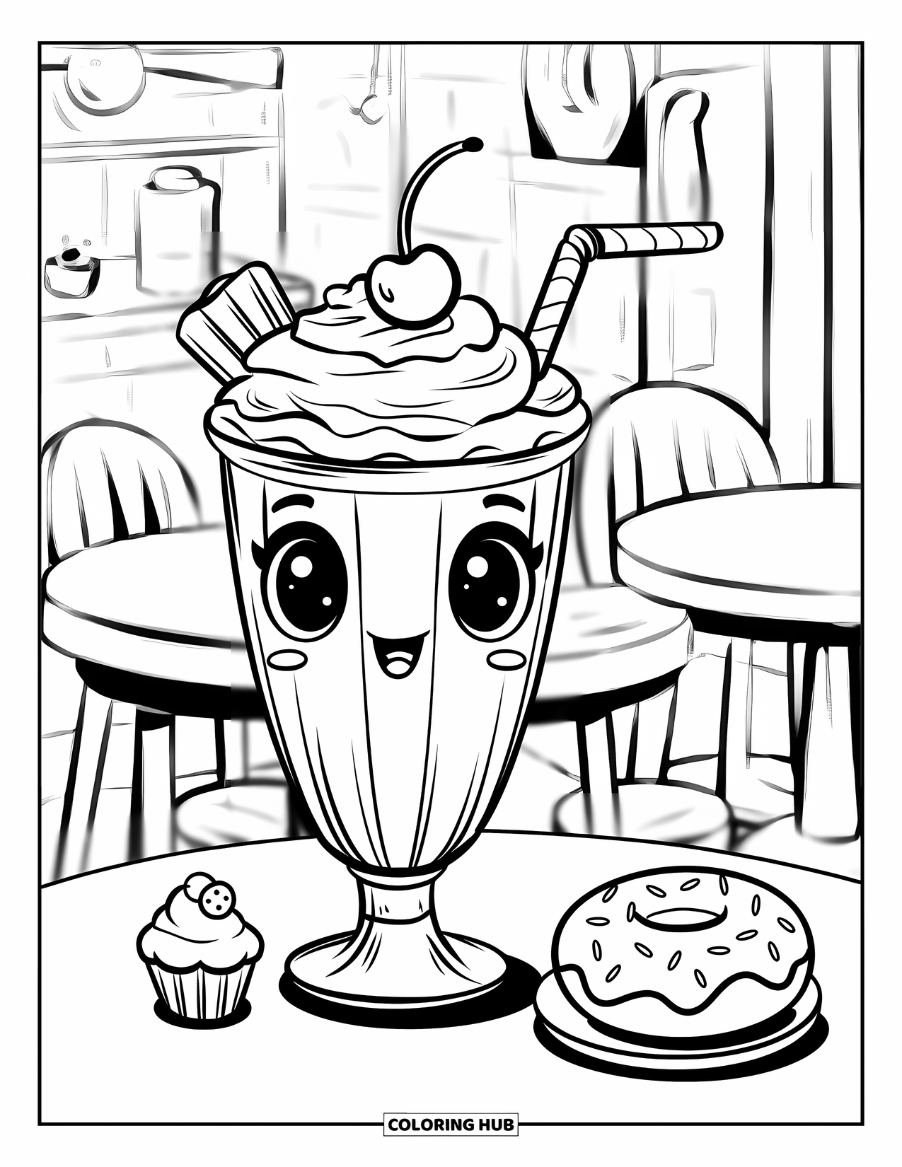 Coloriage de boisson pour adultes : Un verre de milkshake avec une paille tourbillonnante est posé sur une table avec une petite cupcake et un beignet à proximité